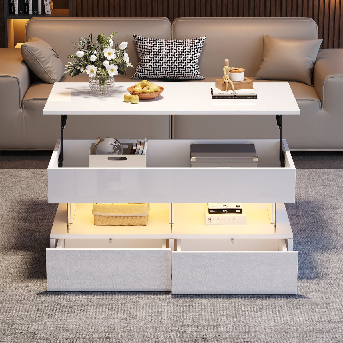 Liftable Coffee Table, Height-Adjustable Hidden Storage LED 2 Drawers, White MDF/Acrylic