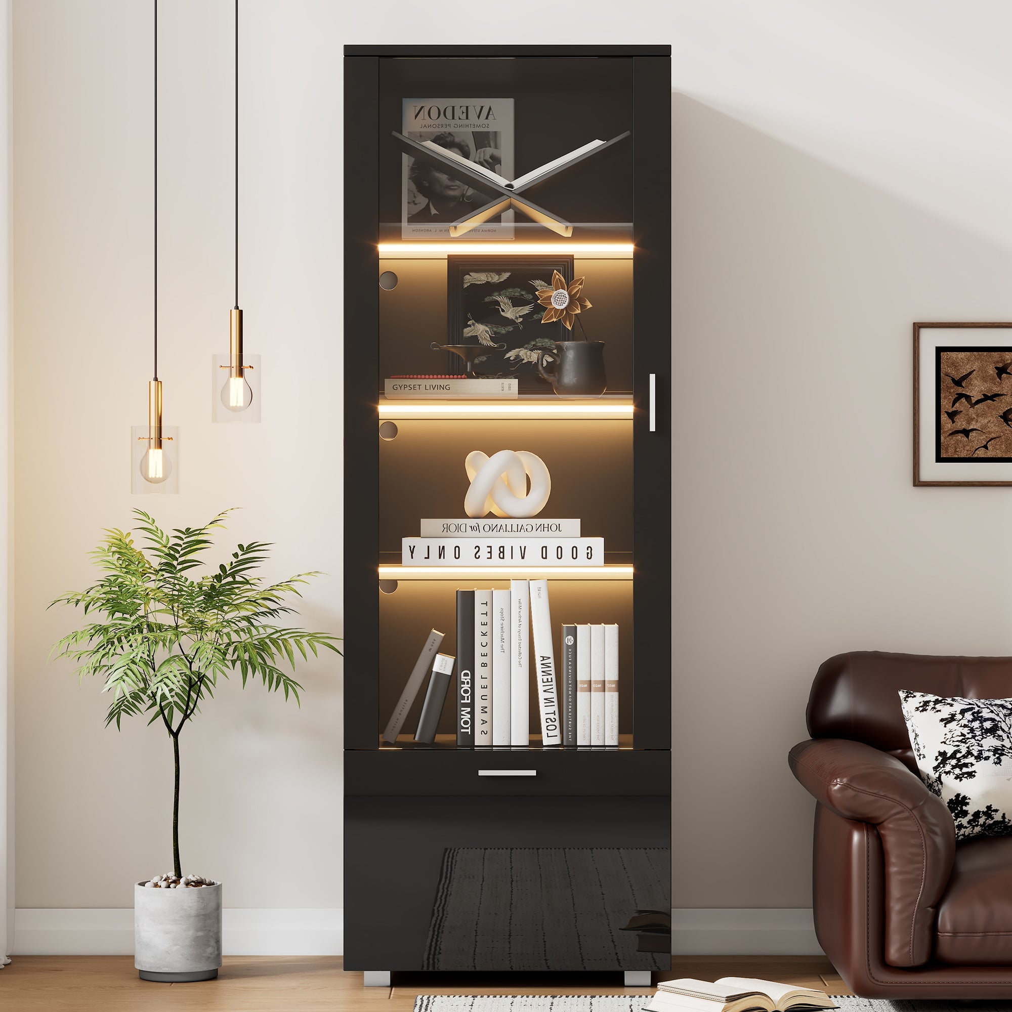 Display Cabinet, LED-Lit Glass with 3 Shelves for Collectibles, Black High-Gloss