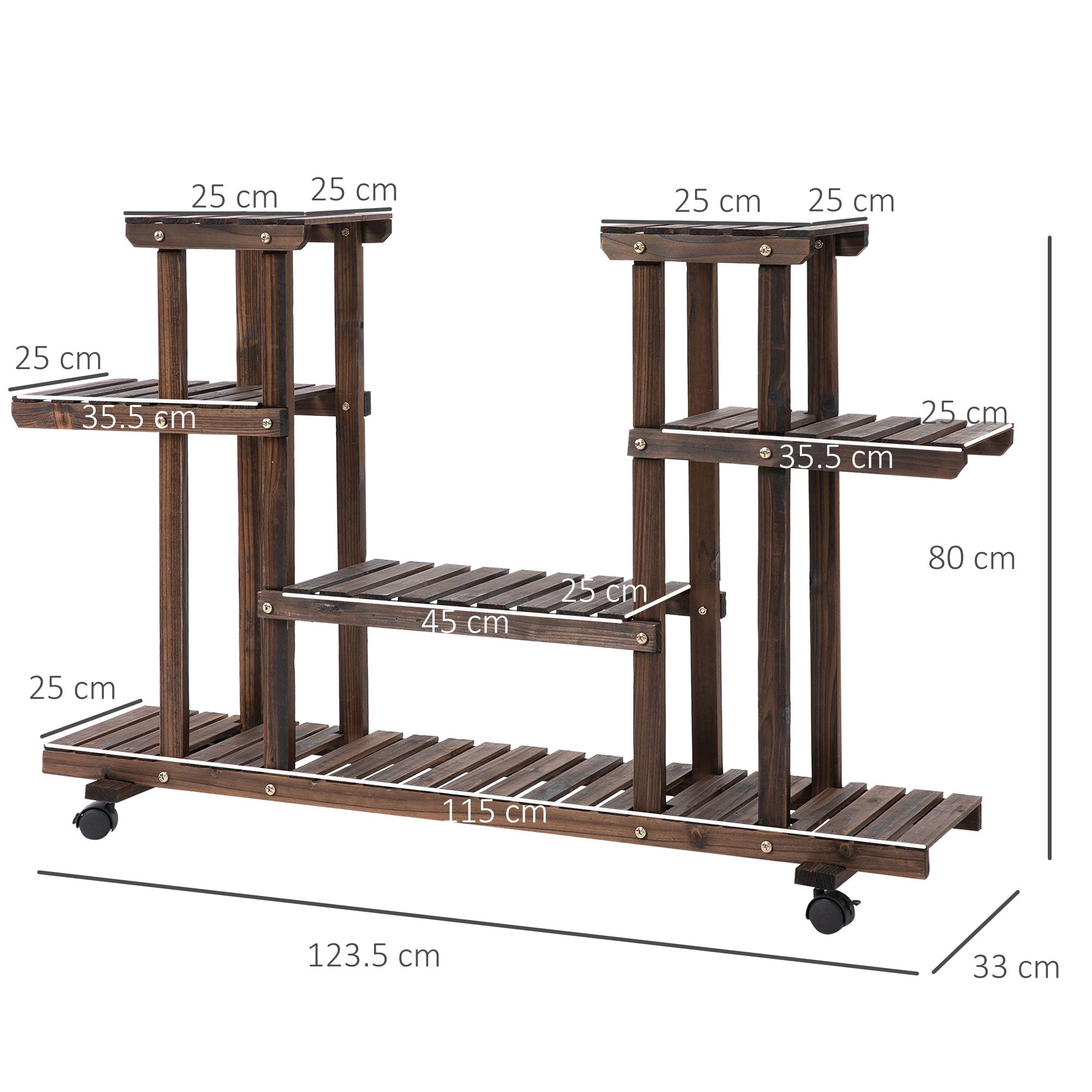 Flower Stand/Plant Shelf, Four-Tier, 123.5x33x80cm, Solid Charred Wood