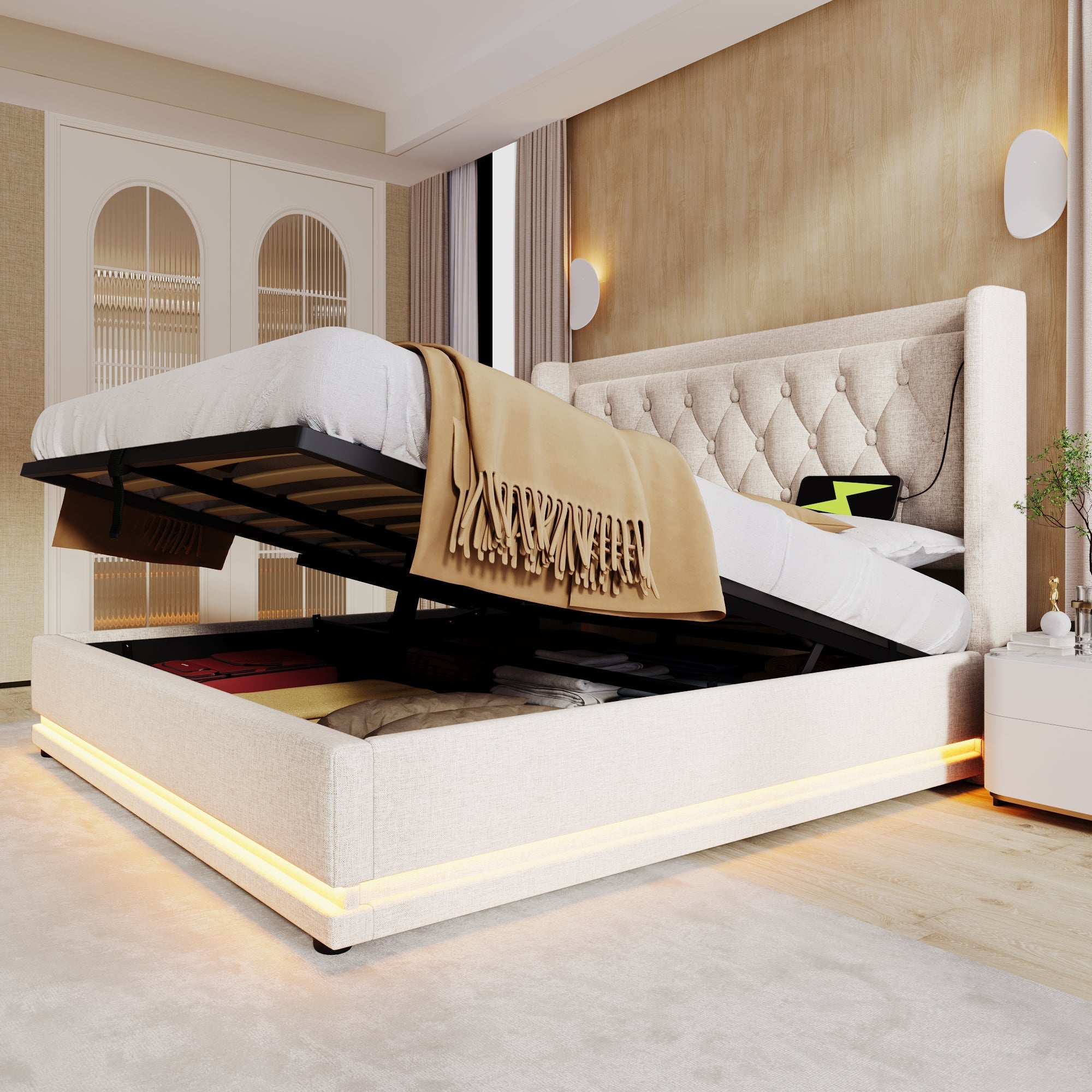 Upholstered Double Bed, Hydraulic Storage, LED, USB-C, Beige Cotton