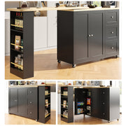 360° Swivelling Dining Table (138-209 x 39 x 106 cm) with Castors, Bar Table, Three Drawers, Snack Rack, Multifunctional Storage Island for Kitchen and Living Room, Black