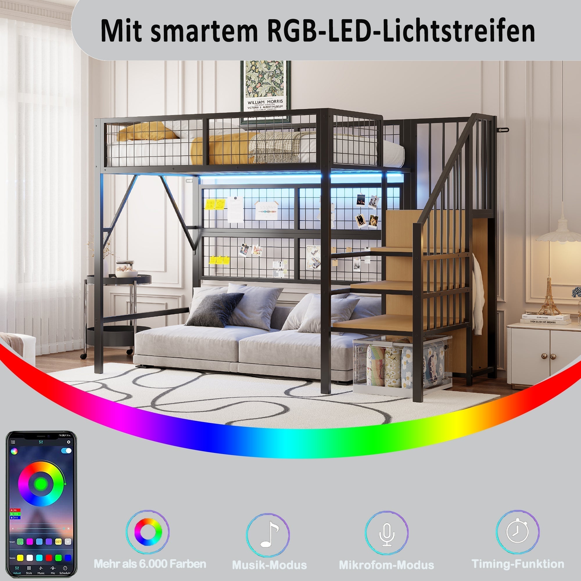 Metal Loft Bed 90x200 LED Lights Storage Stairs Wardrobe, Black
