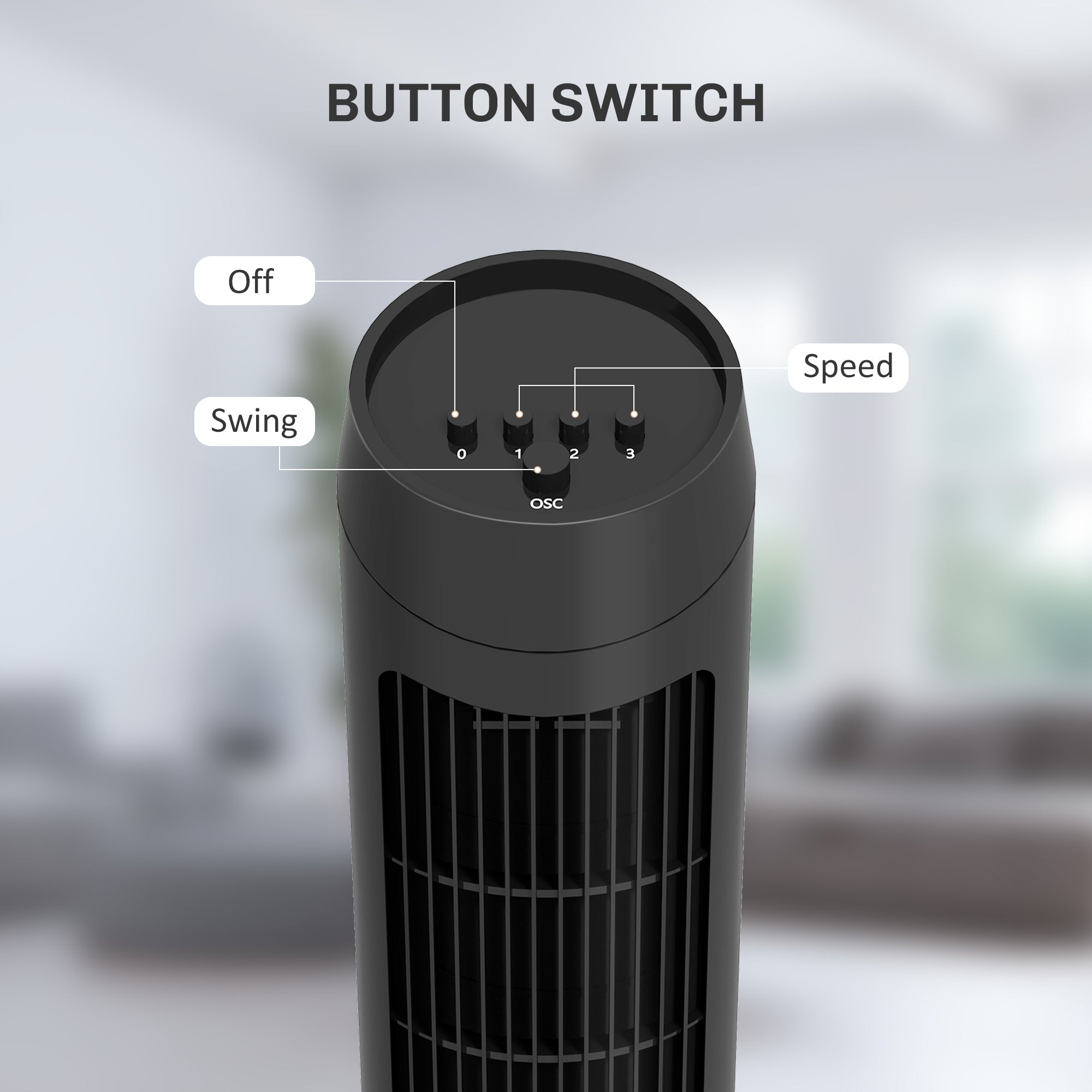 Tower Fan, 45W Quiet 3-Speed 70° Oscillation, ABS Black