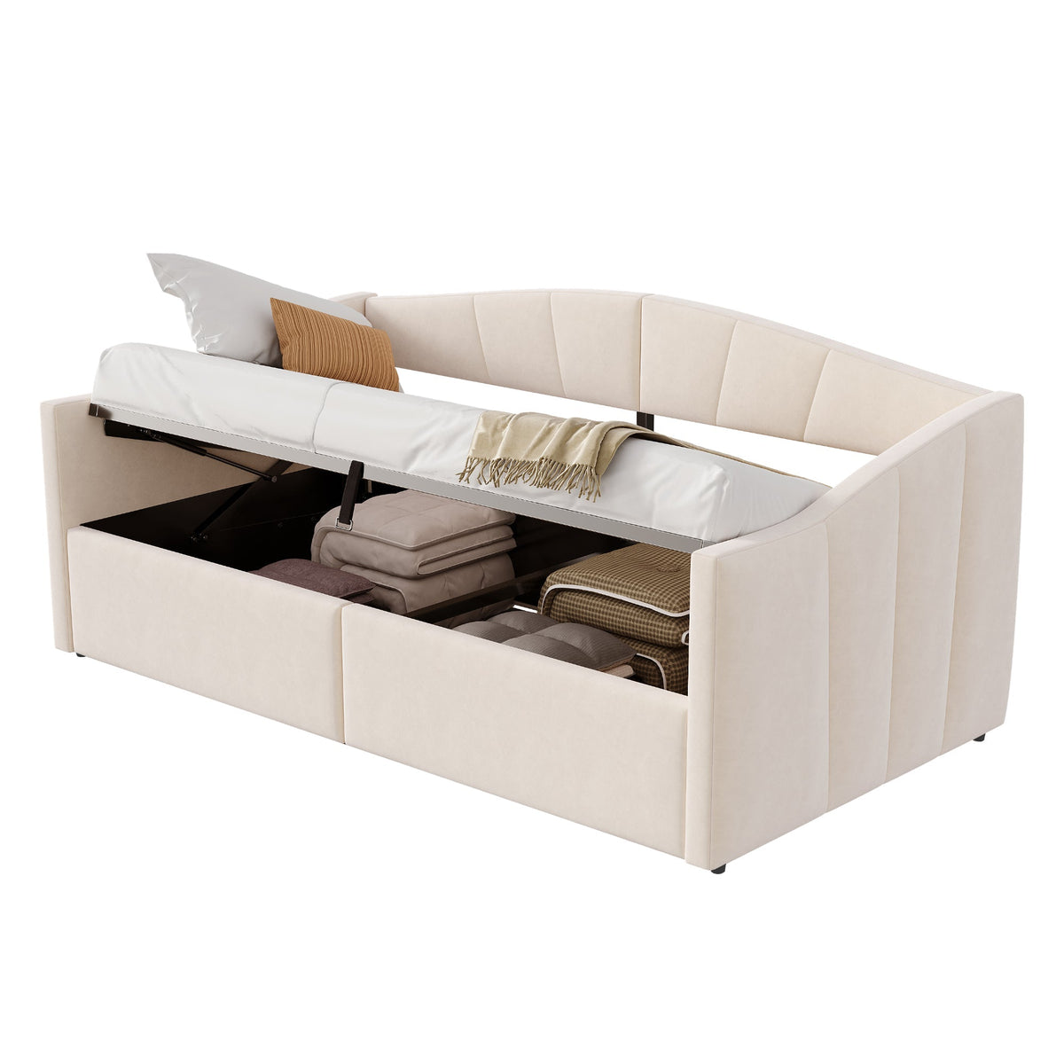 Upholstered Single Sofa Bed 90x200cm Hydraulic Storage Armrests Striped - Velvet Beige