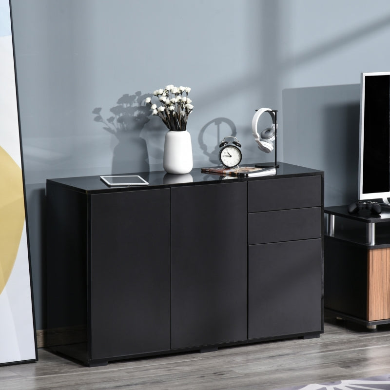 High Gloss Side Cabinet Push-Open 2 Drawers 2 Cabinets Black