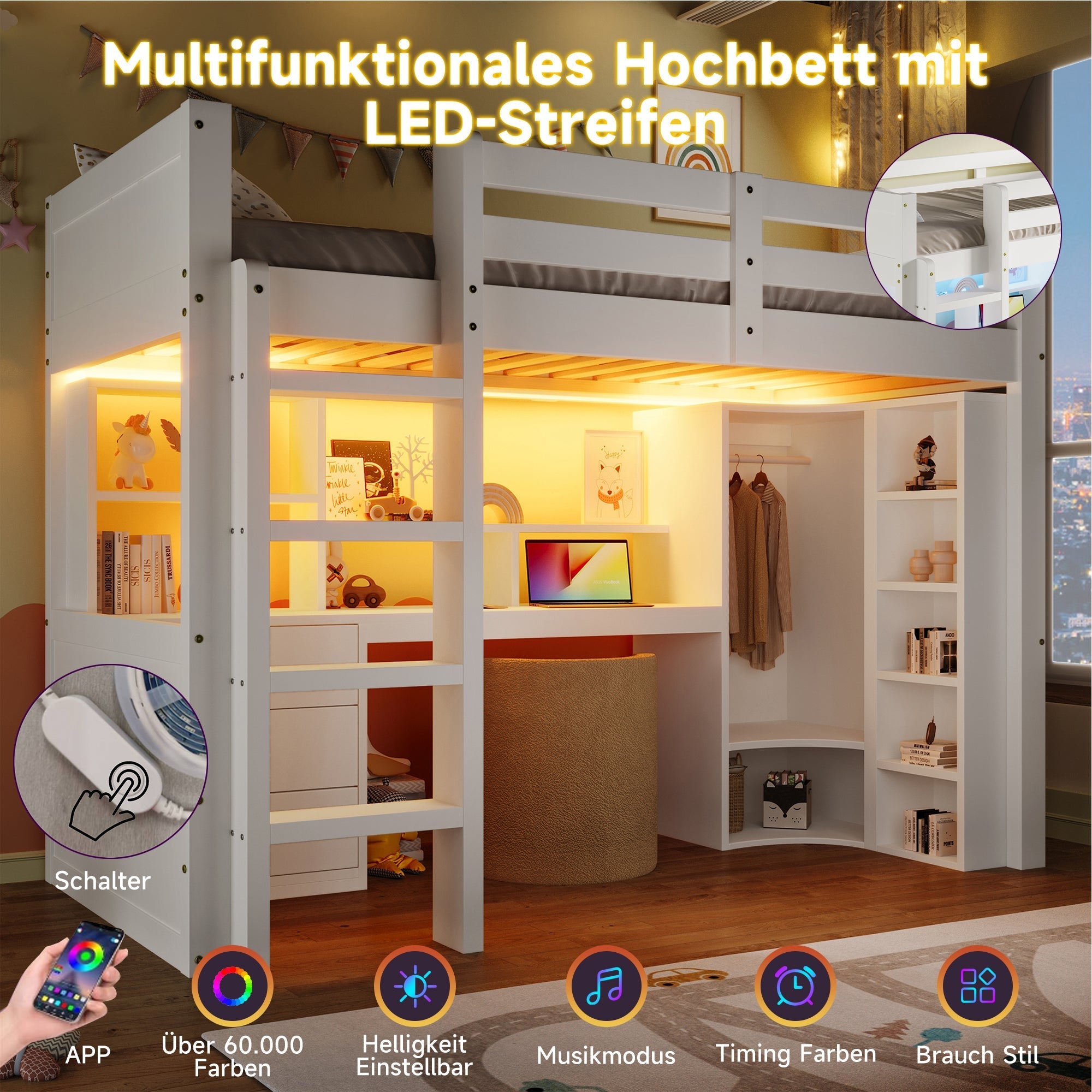 Loft Bed 90x200cm LED Wardrobe Desk Drawers Storage - White