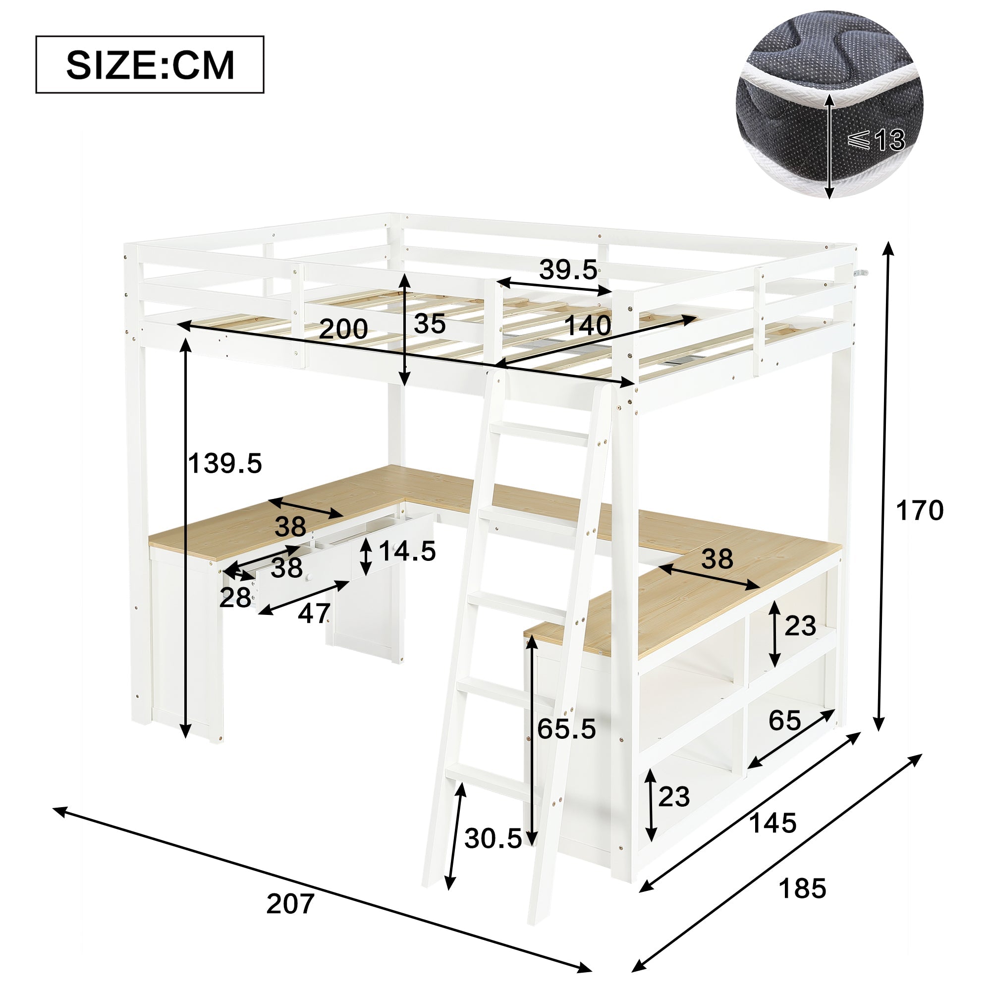 Loft Bed with U-Shaped Desk, 2 Drawers, Storage Shelf, 140x200cm, White + Natural Wood