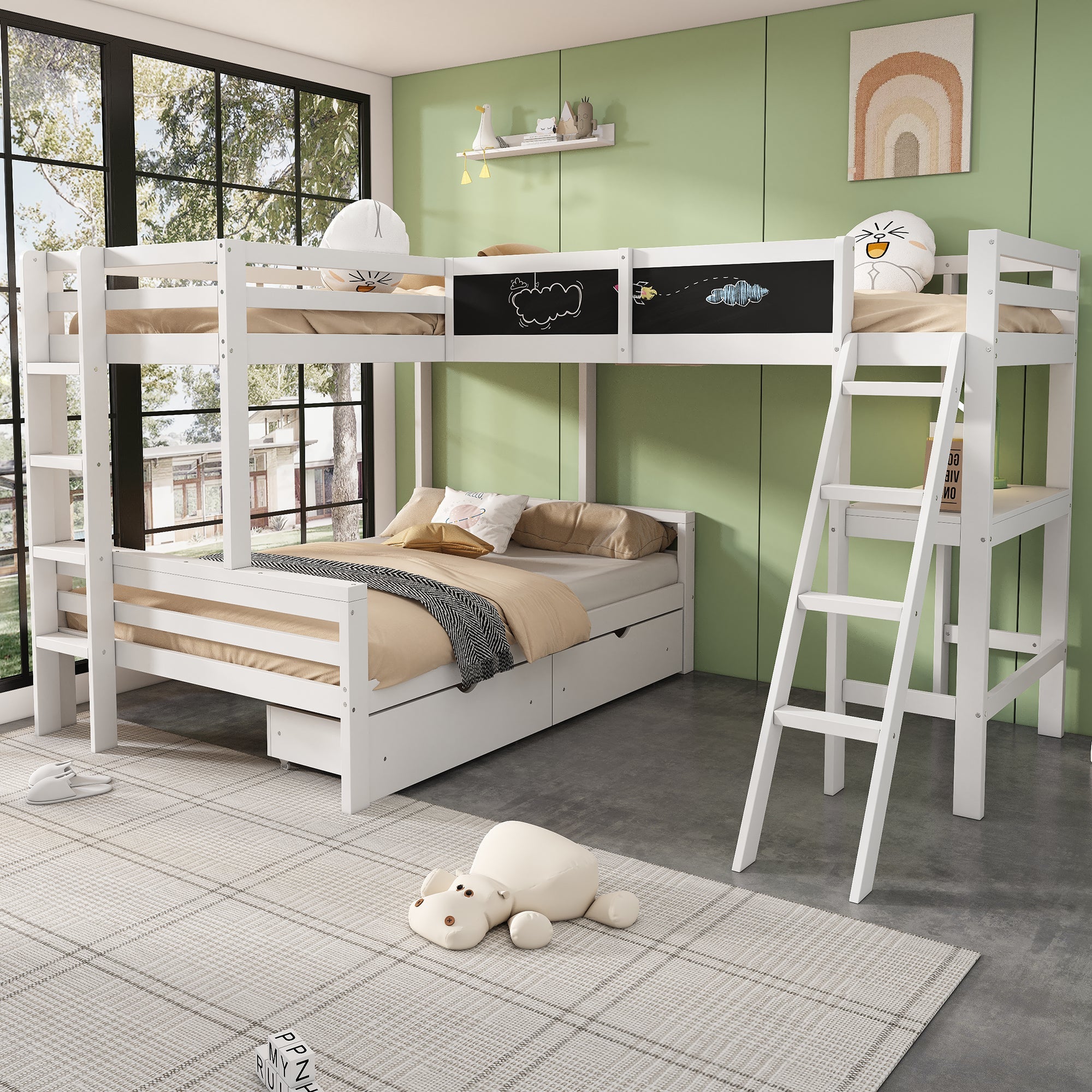 Children's Loft Bed with Desk, Shelf and Drawers, Sleeps Three, 90x200cm and 140x200cm, White Pine Wood