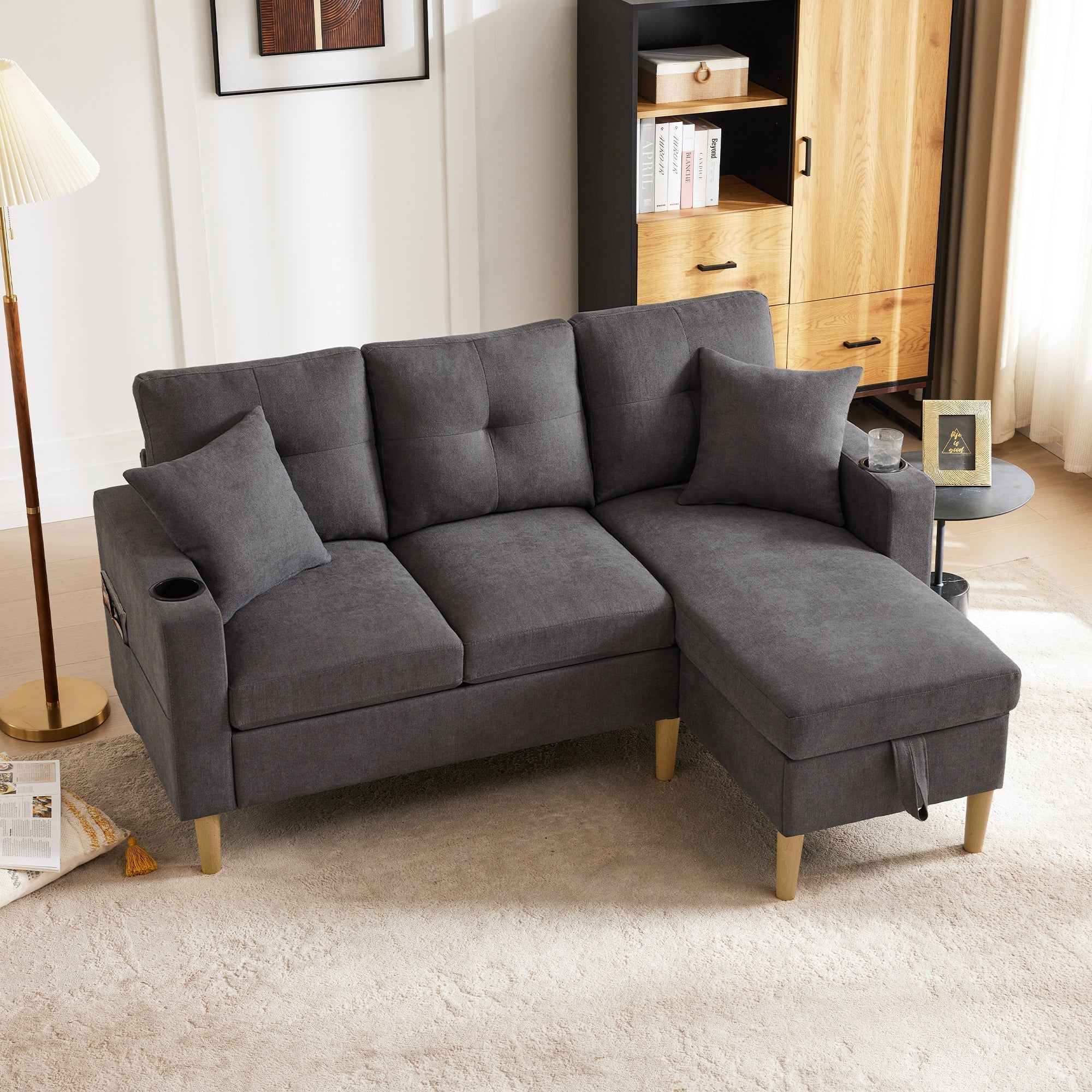 Sofa, L-Shaped Modern 3-Seater with Chaise, Storage, Cup Holder, Pillows