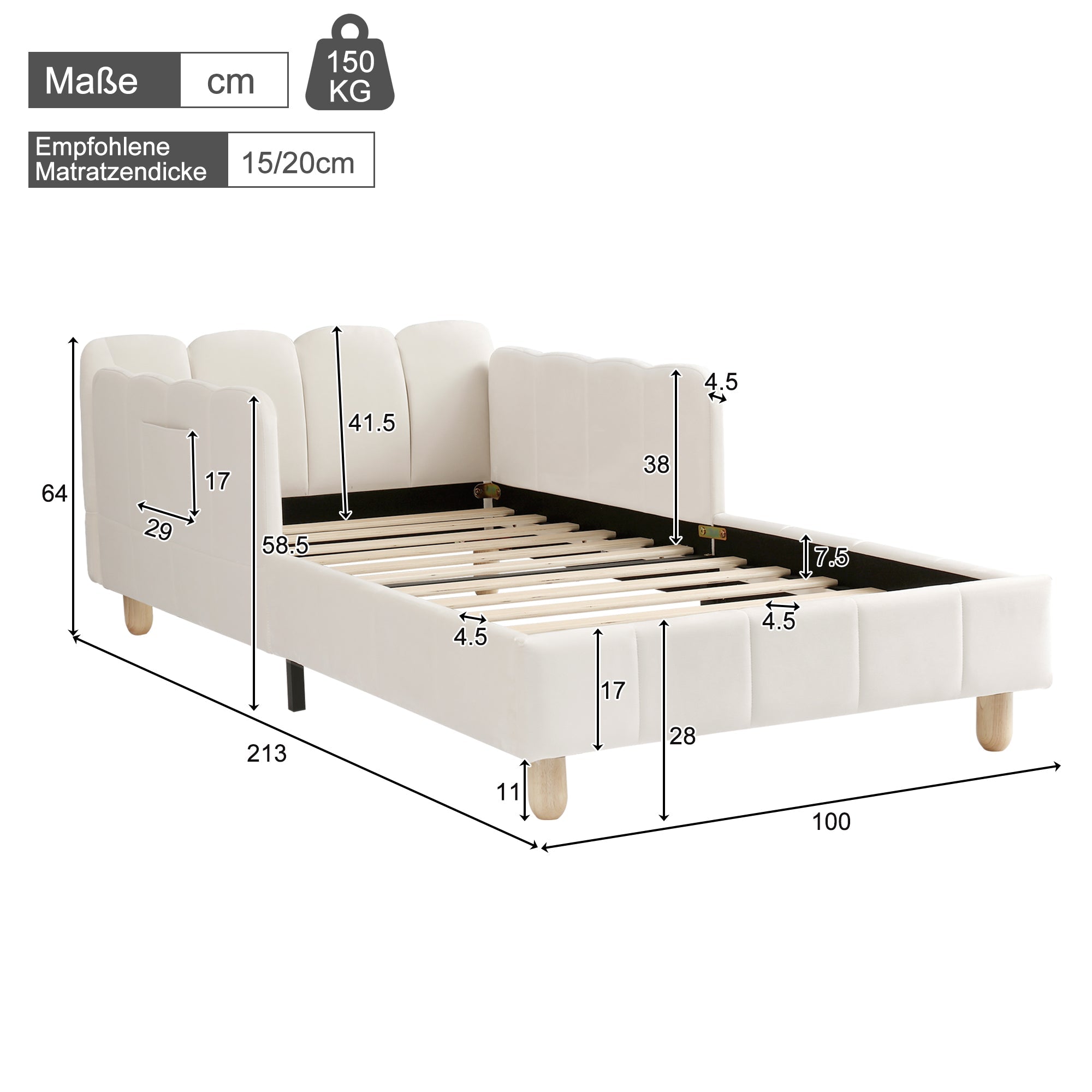 Upholstered Children's Single Bed with Headboard and Safety Rail, 90x200cm, Beige Velvet