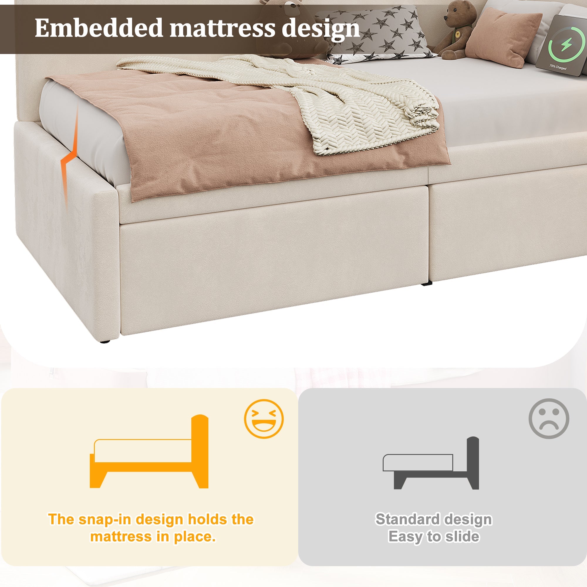 Upholstered Daybed with 2 Drawers, USB Charging Port and Reading Lamp, 90x200cm, Beige Velvet