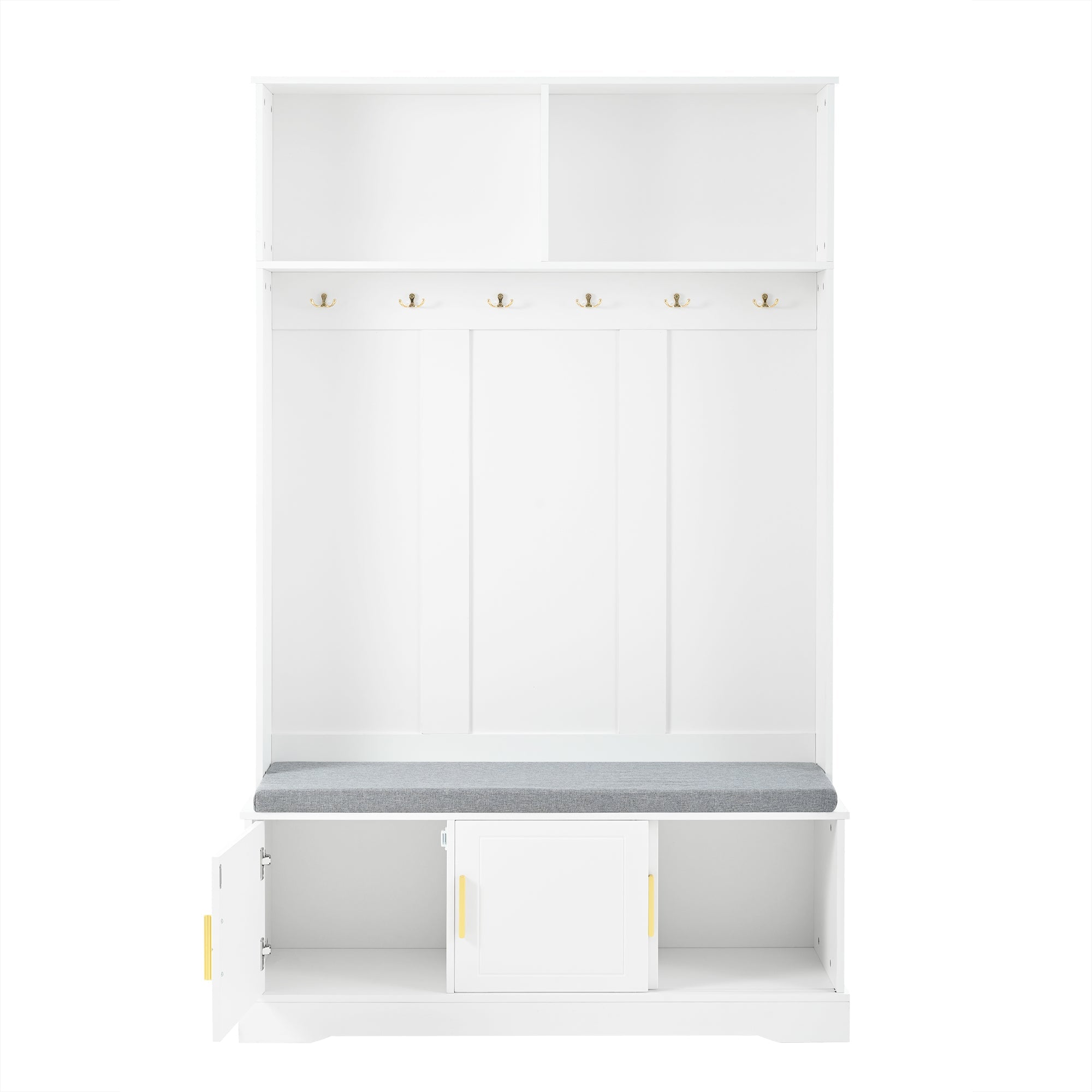 Coat rack with shoe bench, wardrobe, 6 triple hooks, freestanding, space-saving, white