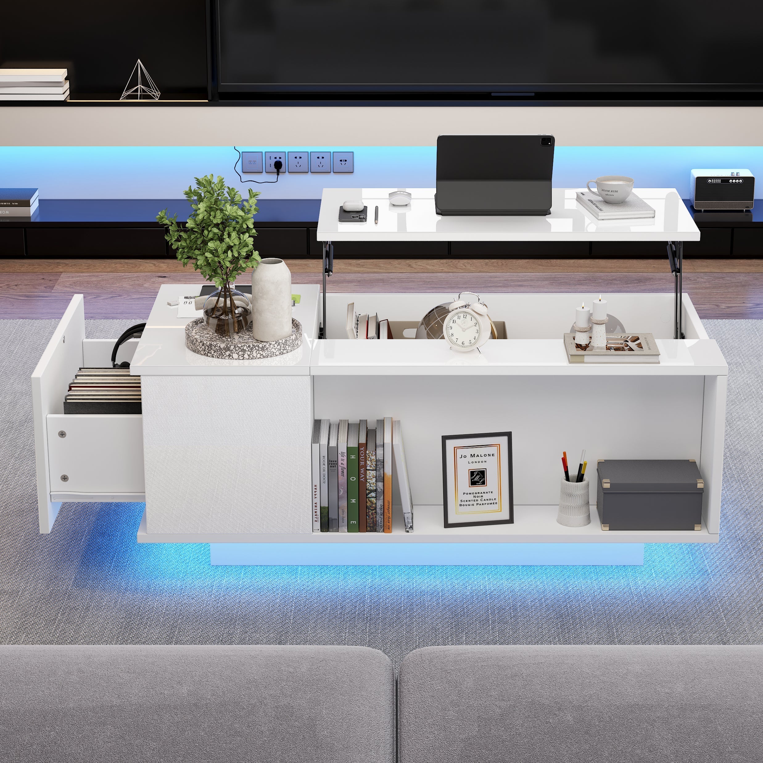Coffee Table, Height-adjustable with Hidden Storage, LED Light & Drawer, White