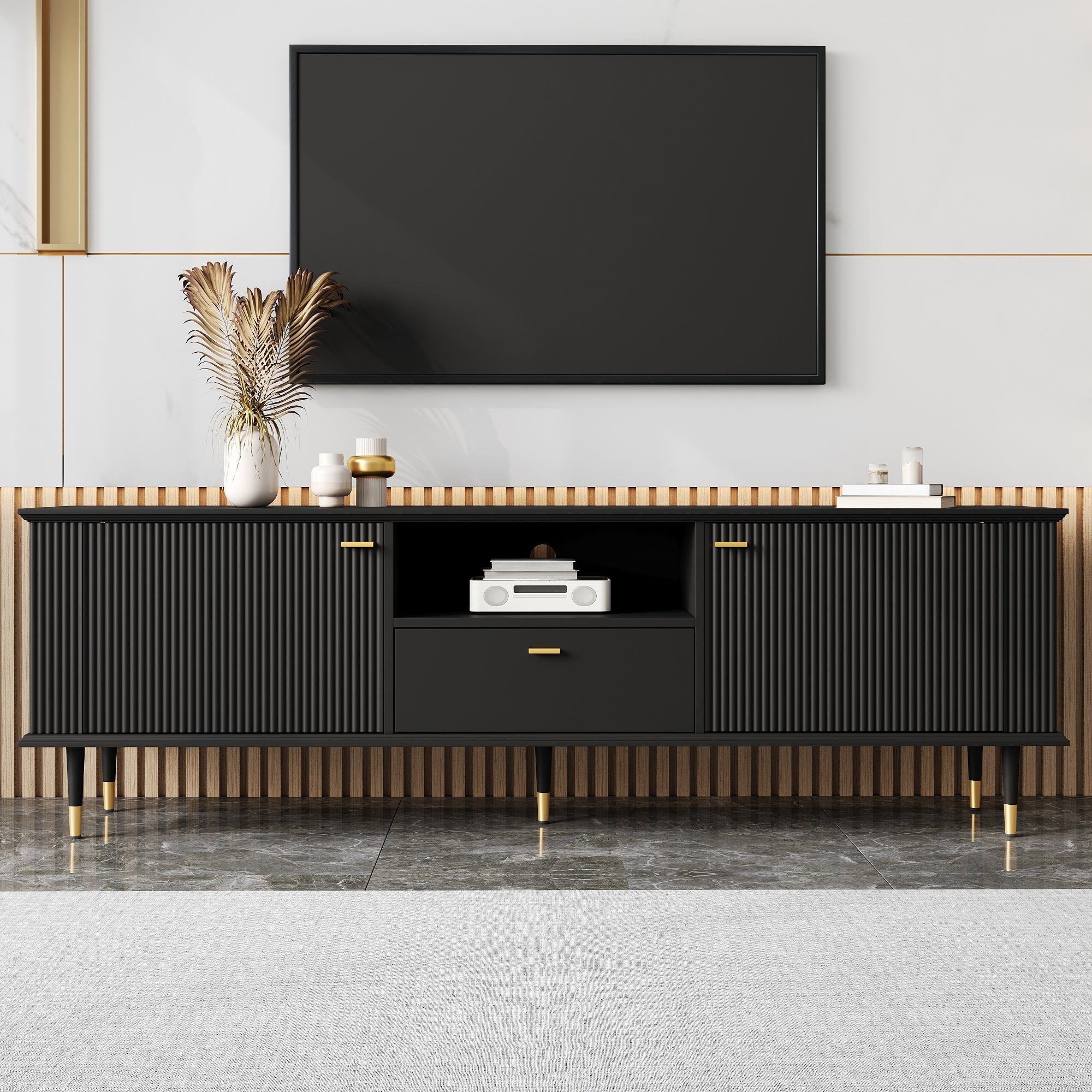 TV Cabinet with Open Compartments, Drawers and Soft-Close Hinges, Lacquered Textured Surface