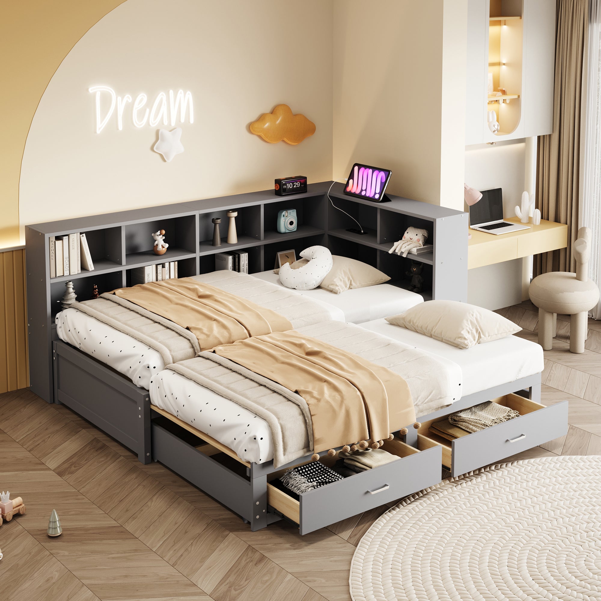 Solid Wood Sofa 90/180x190cm Pull-out Bed Storage Drawers, Grey