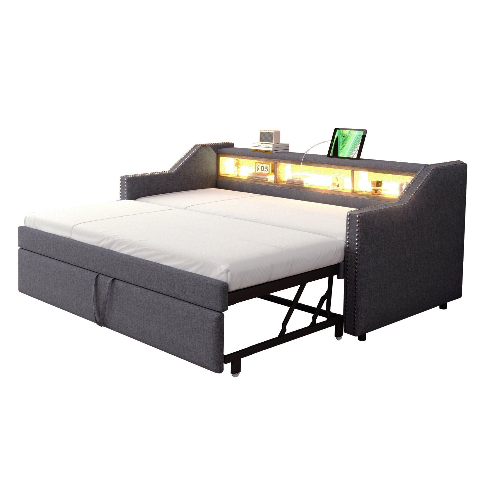 Upholstered Extendable Sofa Bed 90/180x190cm Storage LED USB - Dark Grey