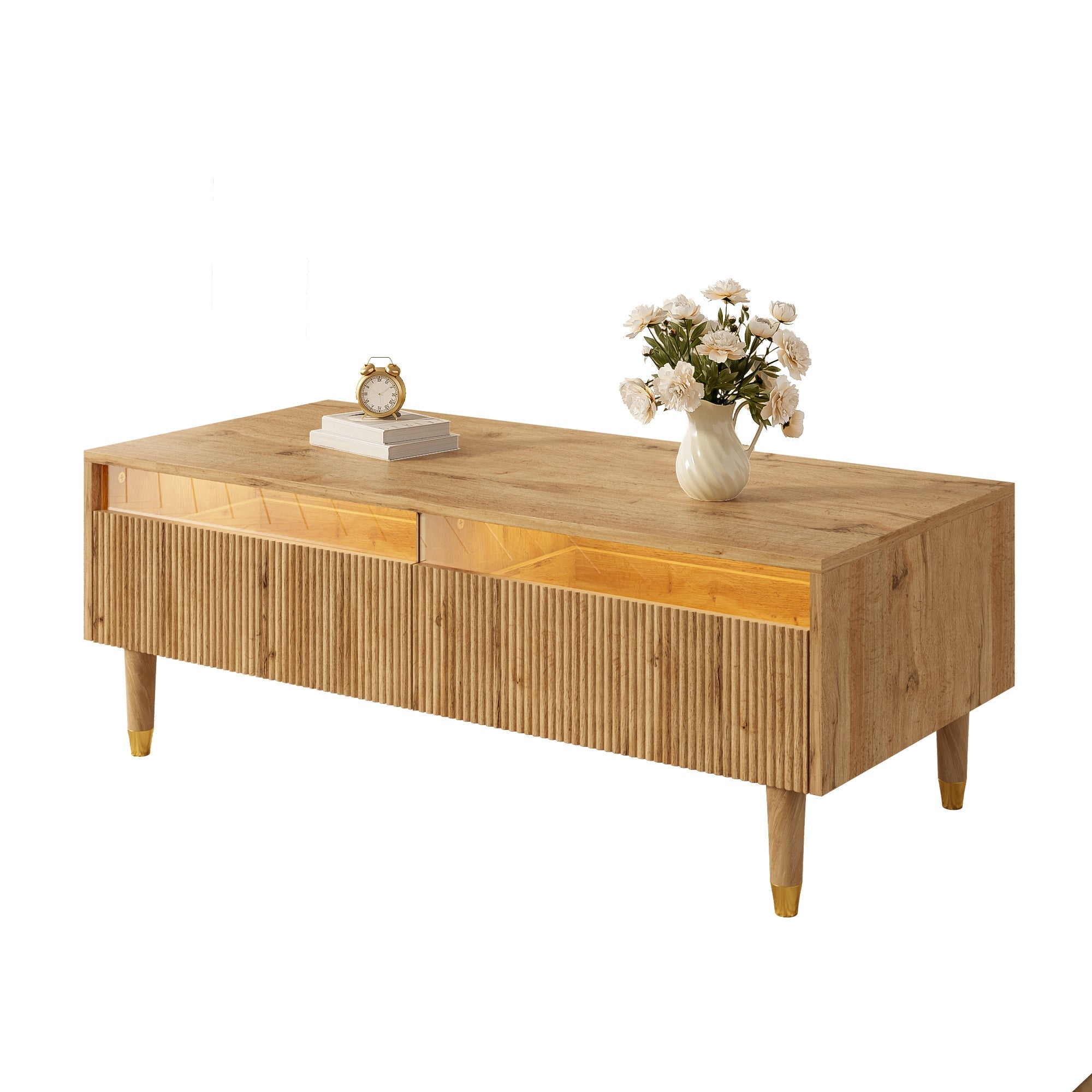 LED coffee table with wavy drawer top, two drawers, gold-wood