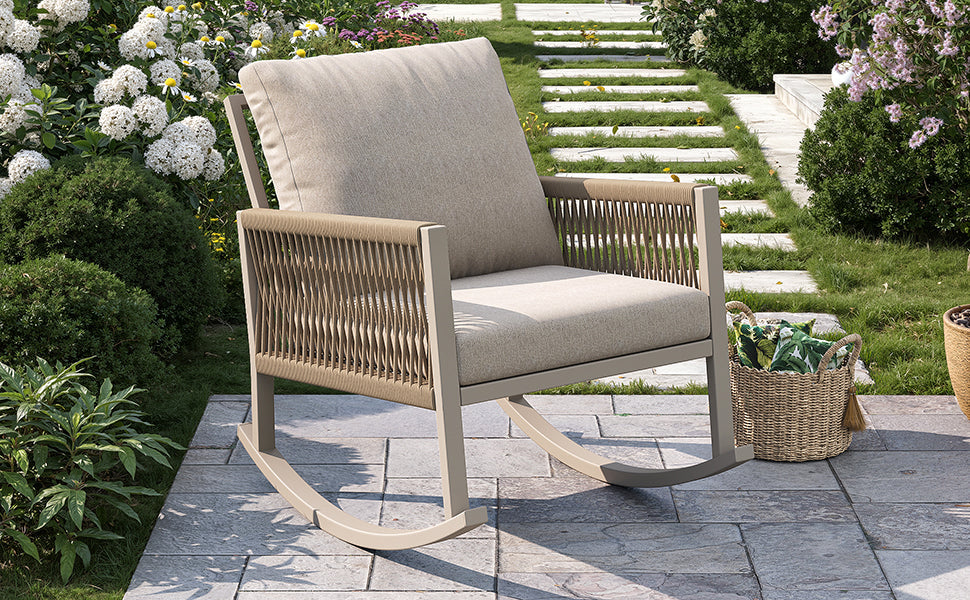 Outdoor Rocking Chair with Cross-Rope Weaving and Cushions, Weatherproof Metal Frame