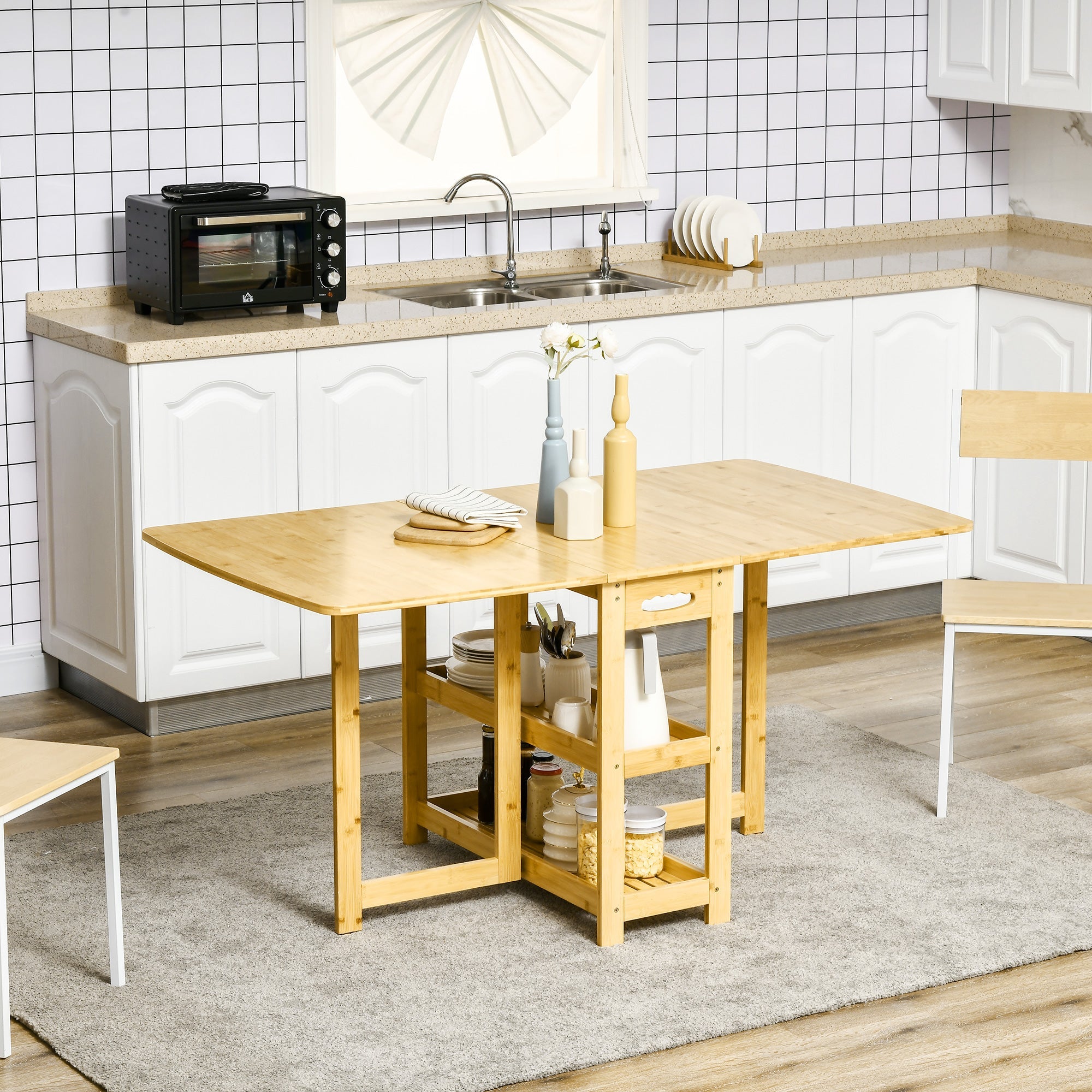 Dining Table Folding Storage Adjustable Legs 149.5x80x73.5cm, Bamboo Natural Wood