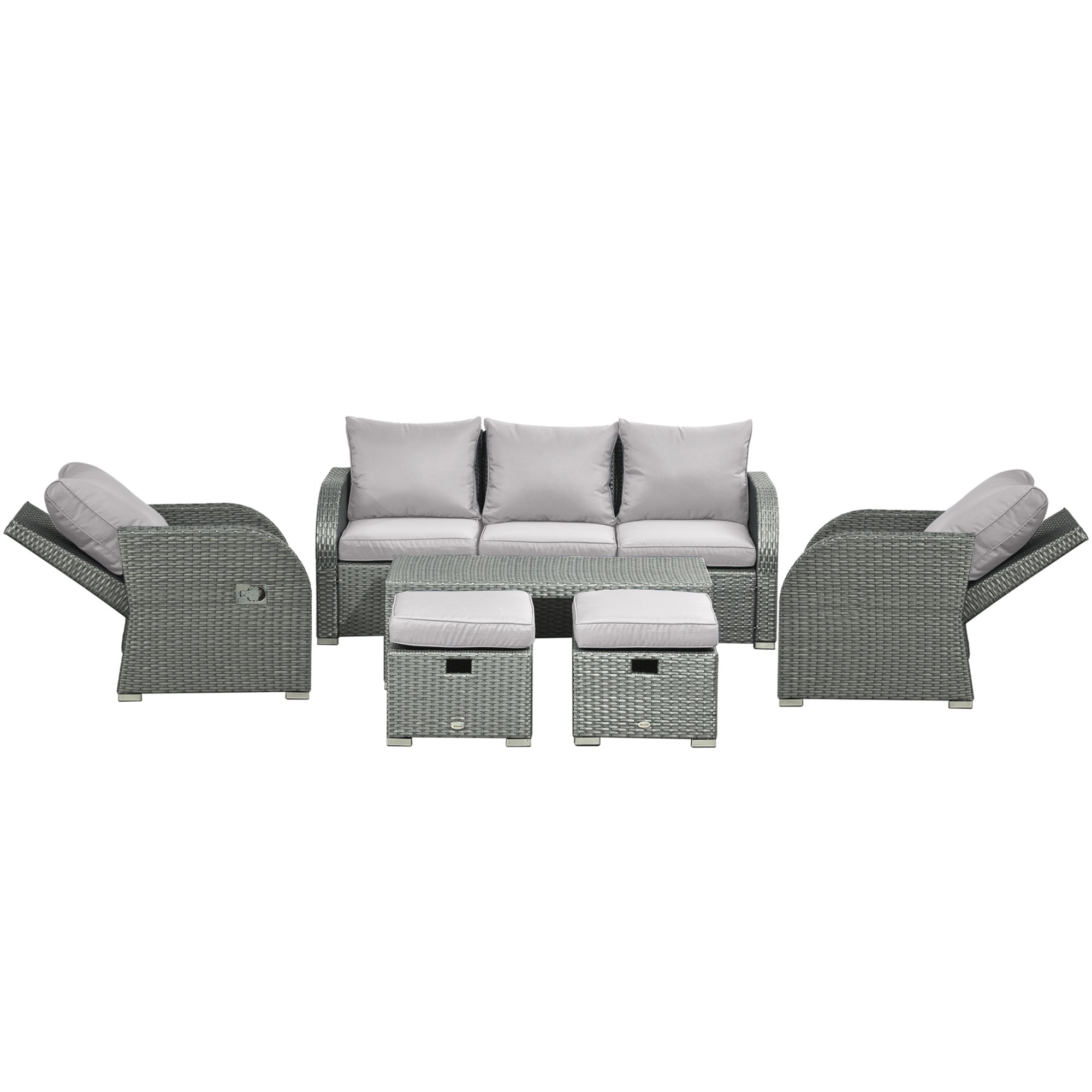 Six-piece Outdoor Rattan Dining Sofa Set with Reclining Armchairs, Grey