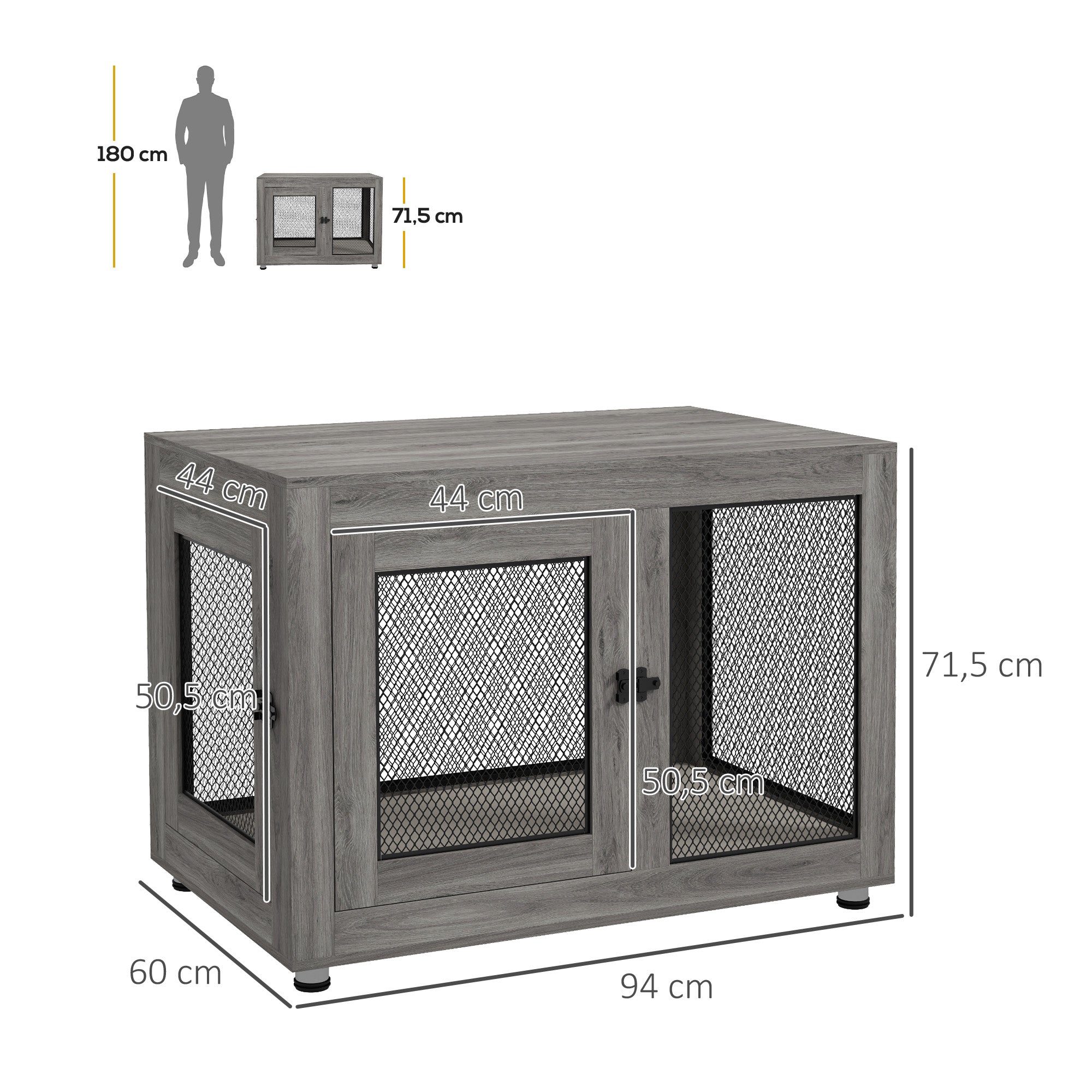 Dog Cage, 2 Doors, Washable Cushion, Adjustable Feet, Grey