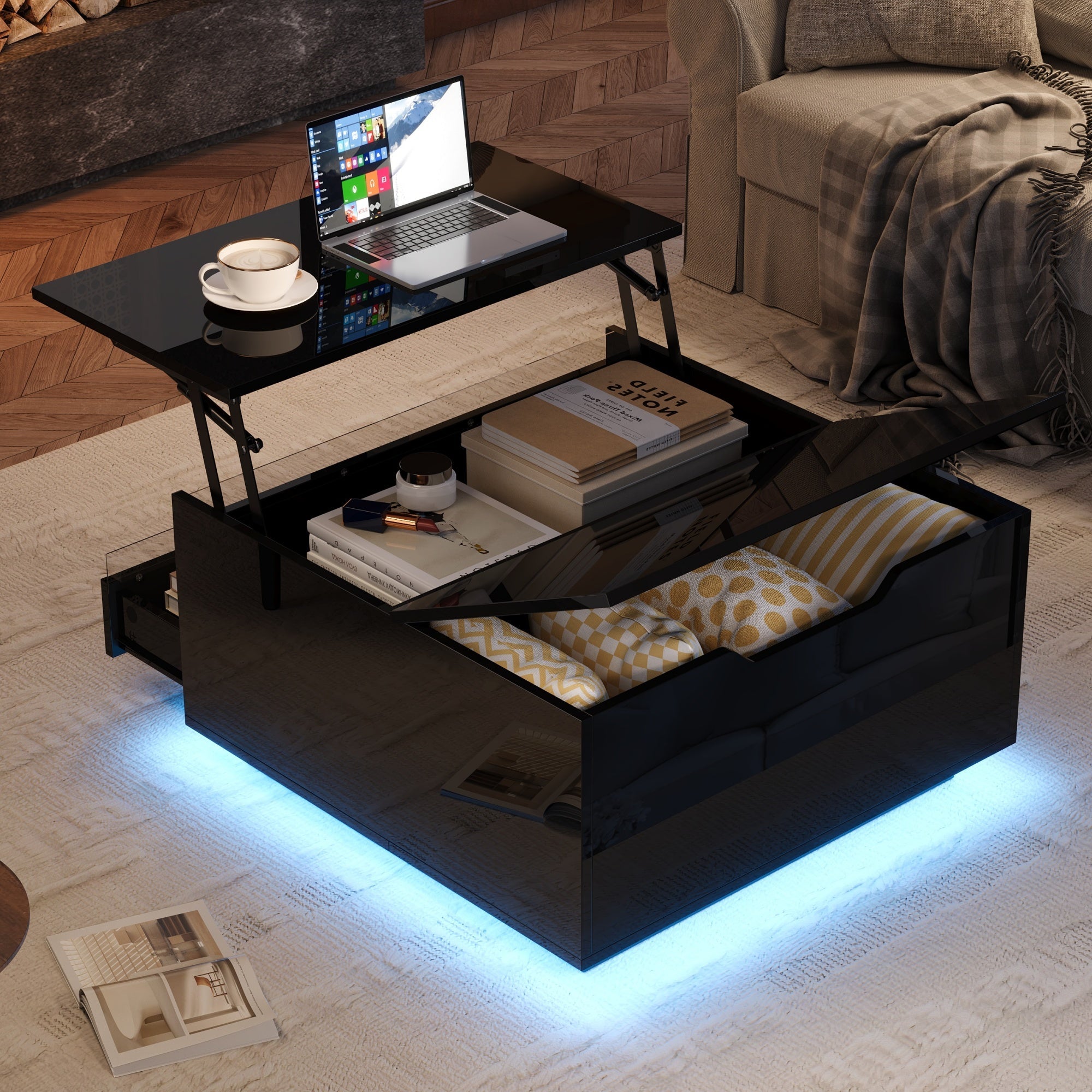 Living Room Coffee Table, Liftable with LED Light Strip, 1 Drawer, Hidden Storage & Flip-Up Doors, High-Gloss Black