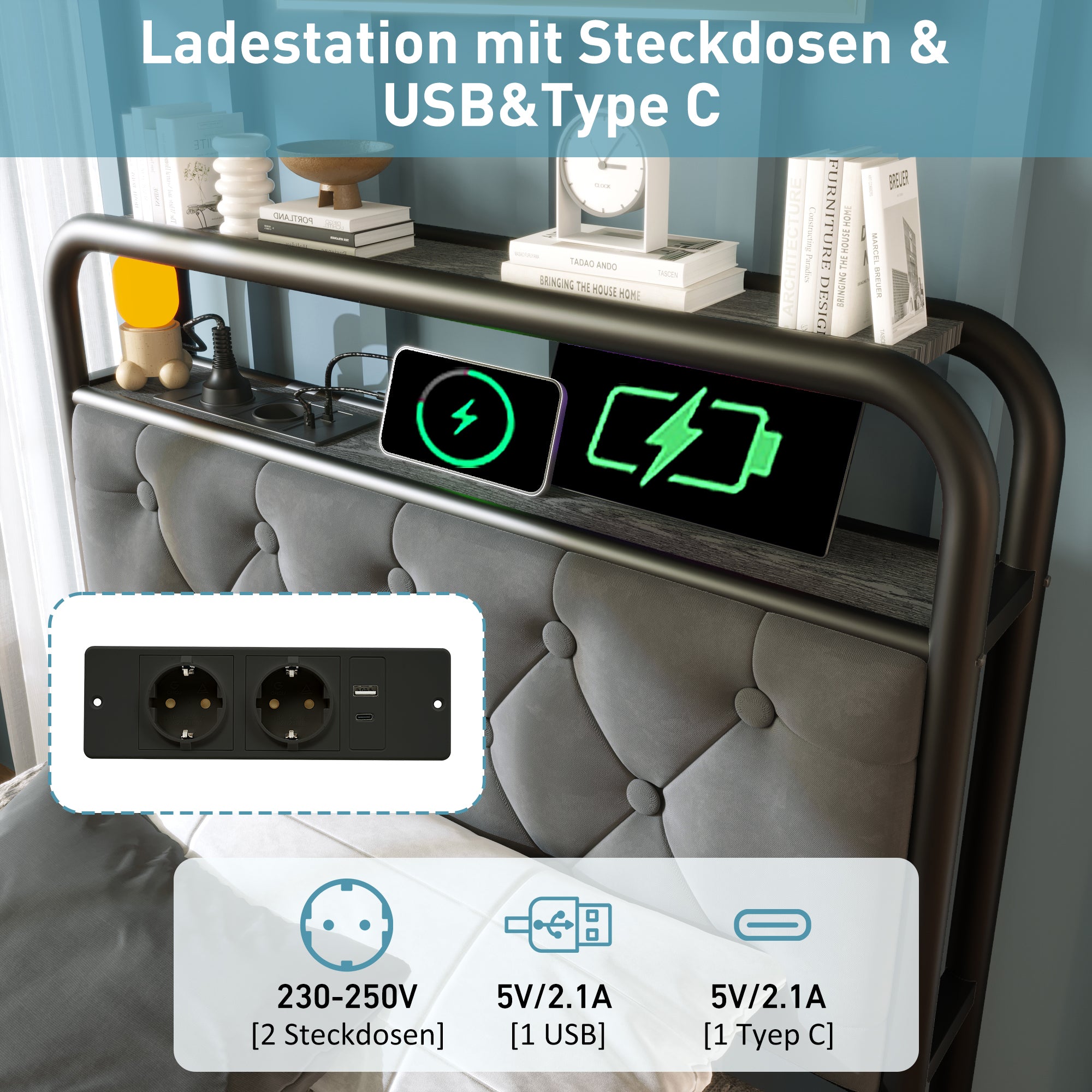 Upholstered Single Bed with USB Type C, LED & 2 Drawers, 90x200, Velvet