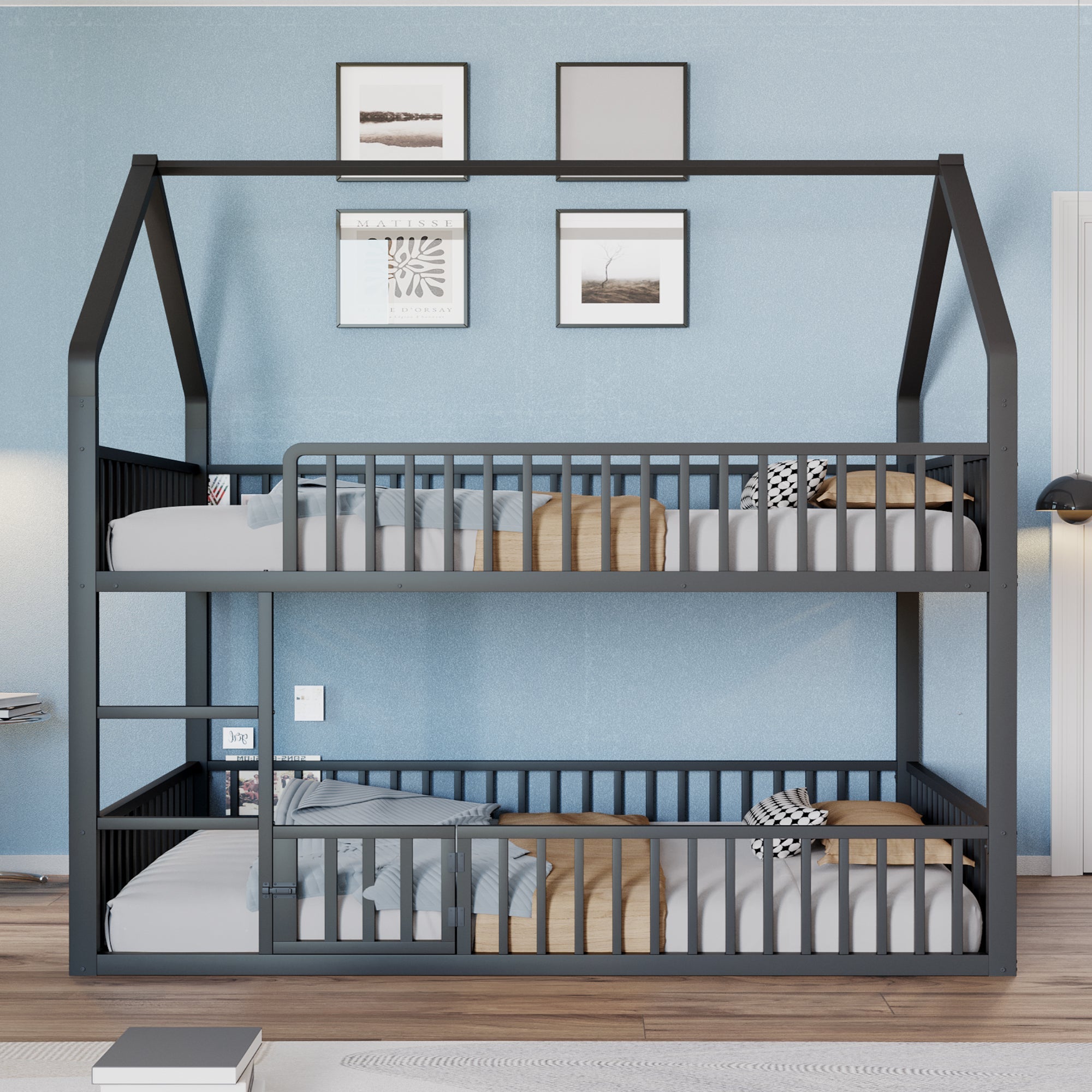 Bunk Bed, Loft Design with Stairs & Door, Black Metal