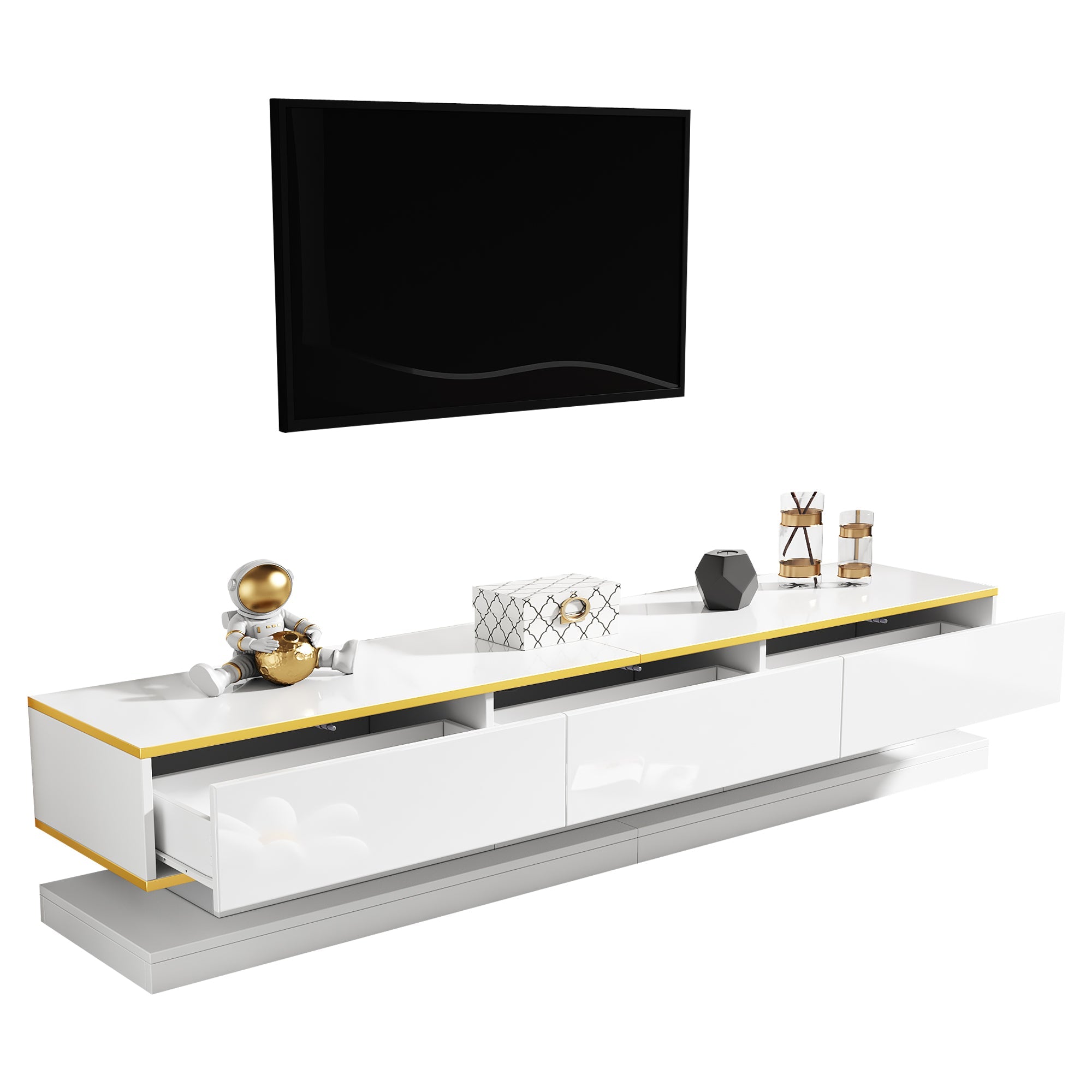 TV Cabinet, 200x40x40cm Lowboard with 3 Drawers, High-Gloss, Warm White with Gold Edge