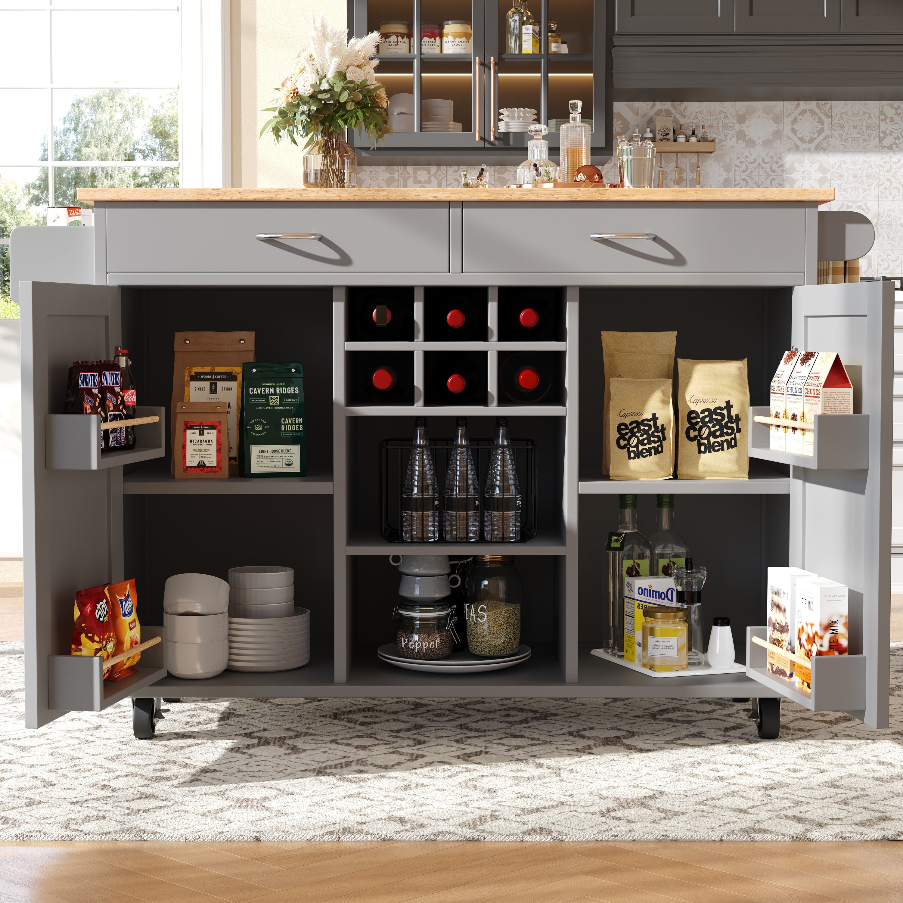 Kitchen Island Multifunctional Dining Table Storage Wood Grain - Grey