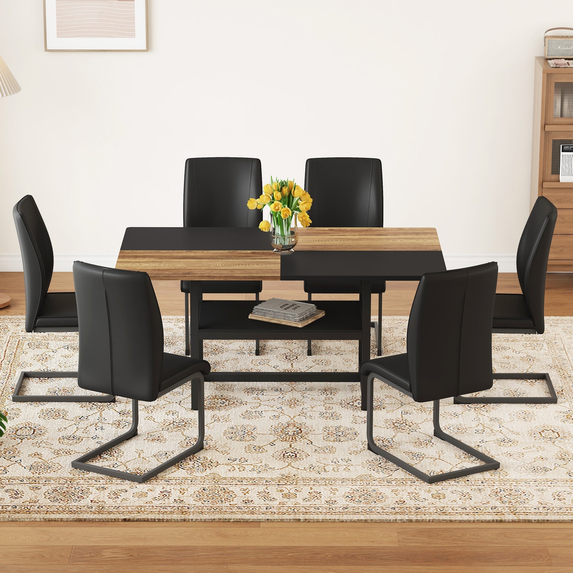 Dining Table Set Rectangular Storage Shelf 6 Armchairs - Faux Leather Black