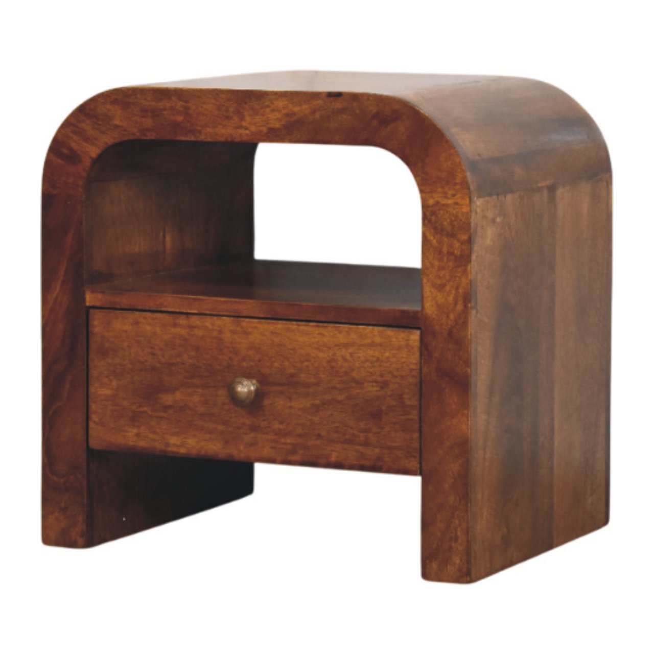 Solid Wood Darcy Chestnut Nightstand, 1 Drawer Open Shelf, Dark Brown