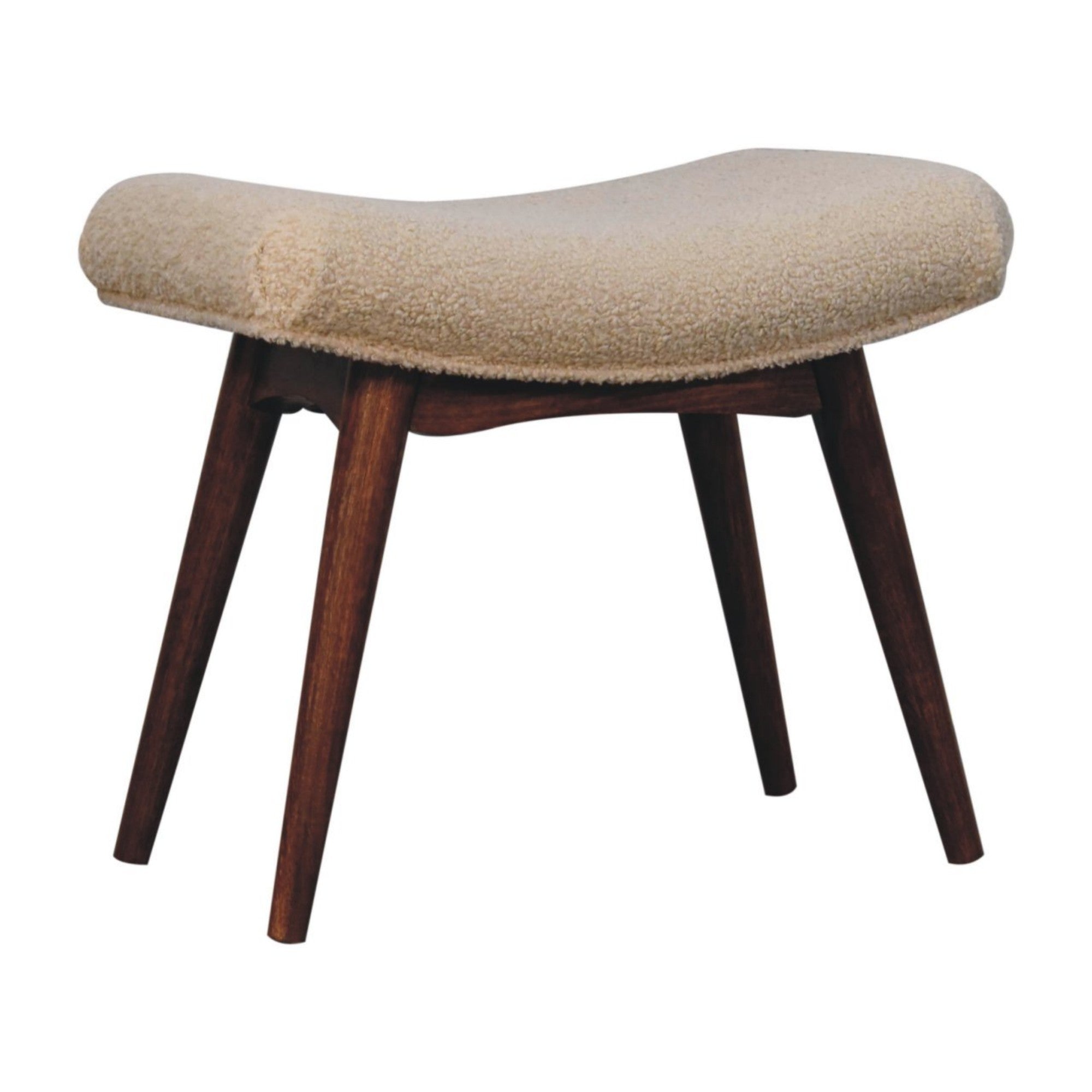 Solid Wood Curved Bench, Upholstered Honey Caramel Boucle Cream