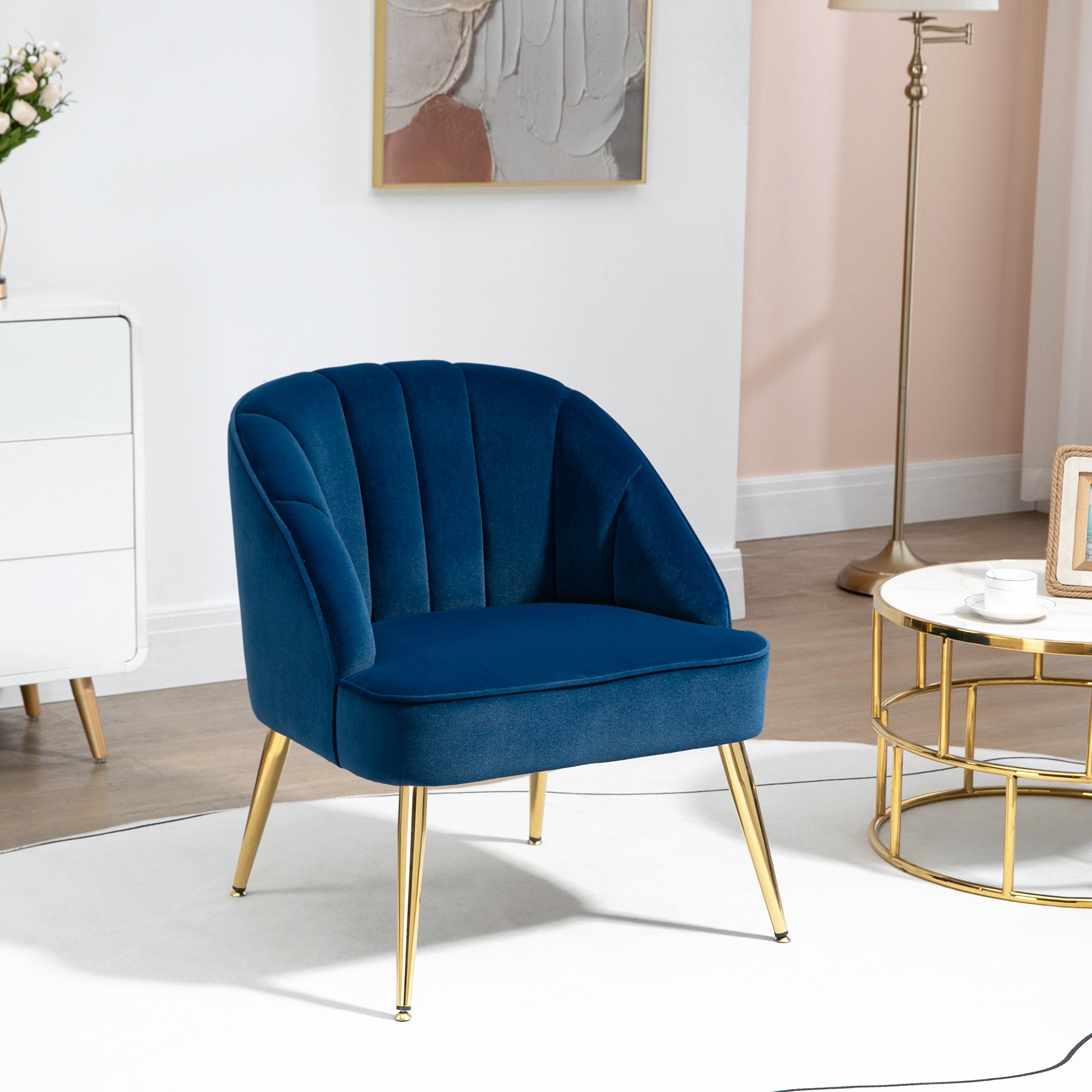 Wingback Armchair Lounge Recliner Steel Legs Velvet Look, Dark Blue