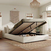 Ottoman Storage Bed Frame, 4ft6 Cloud Upholstered Bed with Cushions, Warm White Boucle