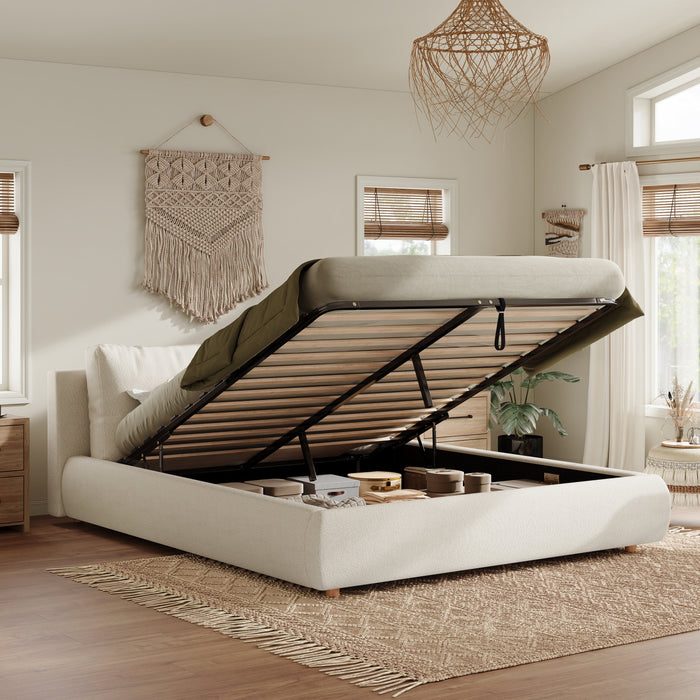 Ottoman Storage Bed Frame, 4ft6 Cloud Upholstered Bed with Cushions, Warm White Boucle