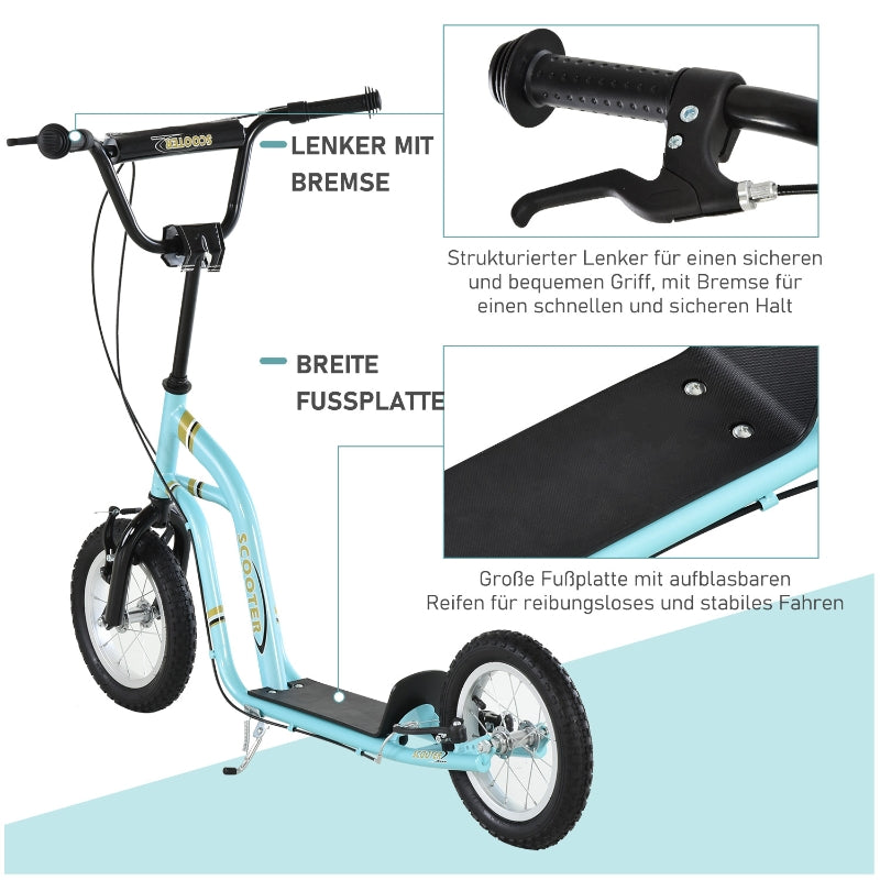 Children's scooter, height adjustable with 12 inch pneumatic tires, light blue
