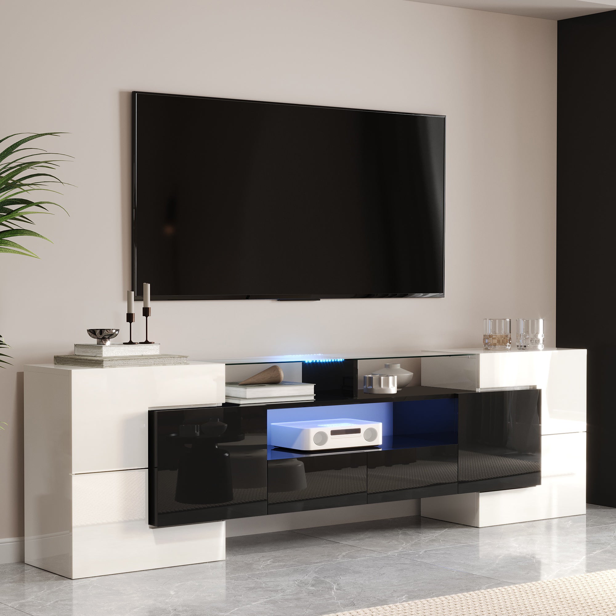 TV Cabinet Low Panel 200 cm LED Lighting High-Gloss White/Black with Glass Surface