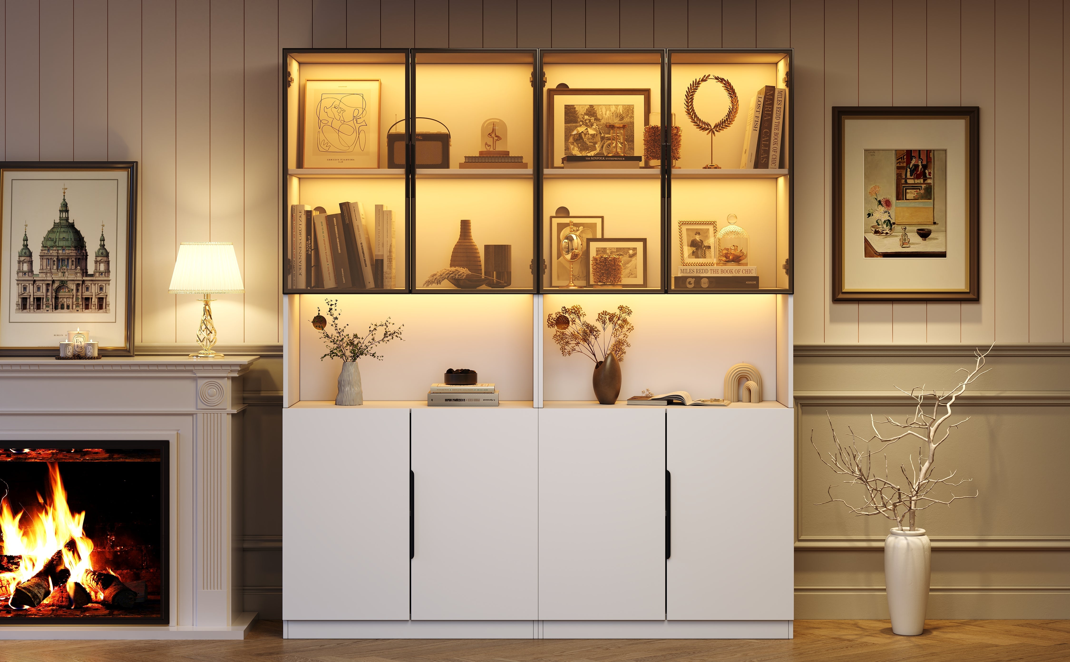 Modern Minimalist Display Cabinet, Glass Doors LED Lights Bookshelf for Collectibles, White