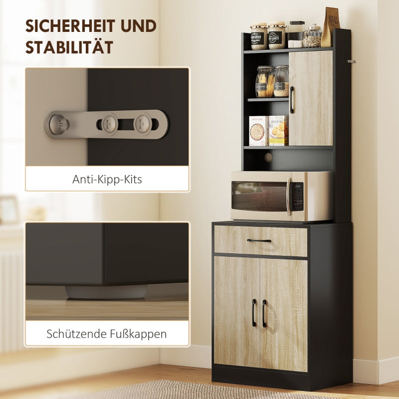 Kitchen Cabinet with Work Surface, Drawer & 3 Open Shelves, Natural Wood Black