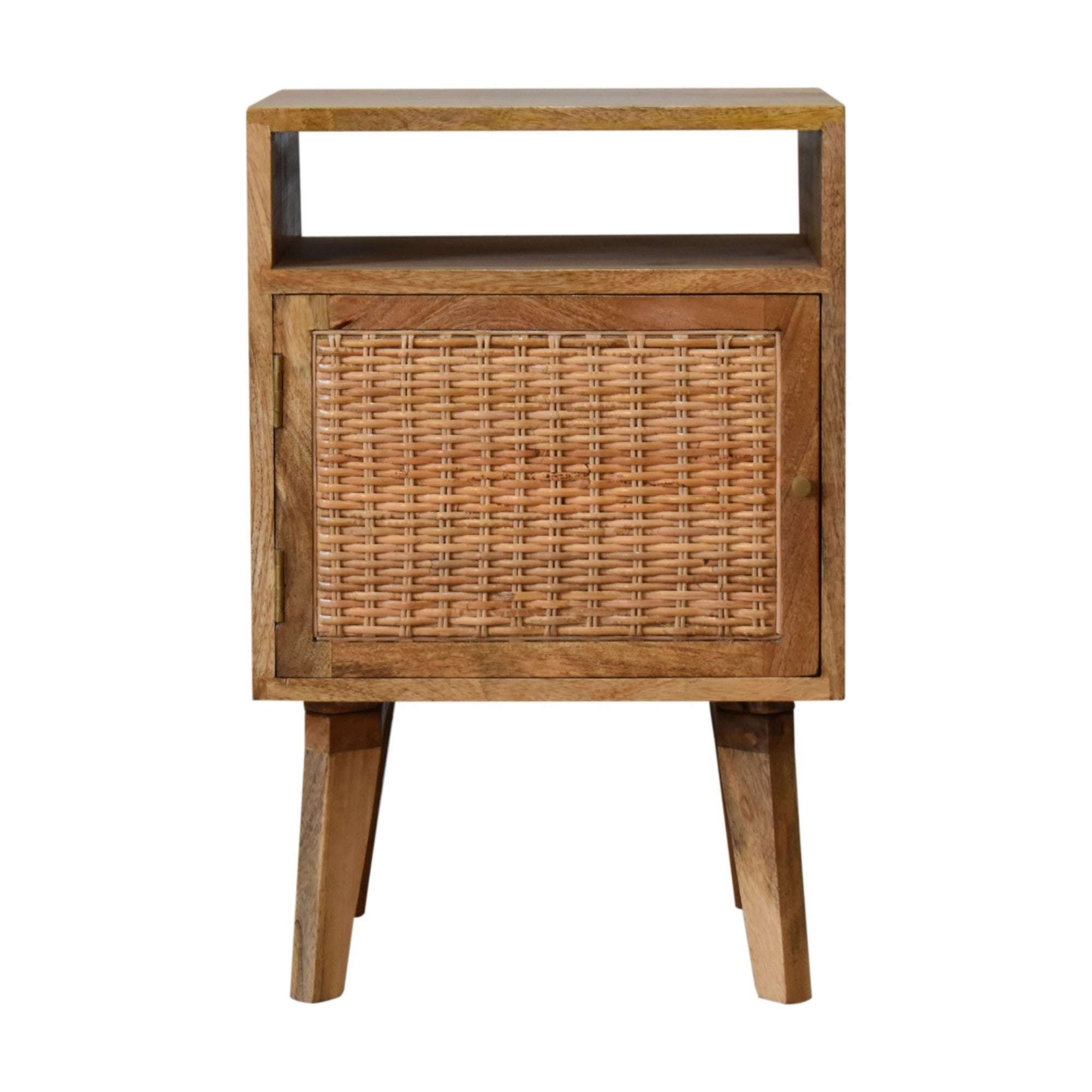 Solid Wood Bedside Table with Knit Door and Open Slot, Beige