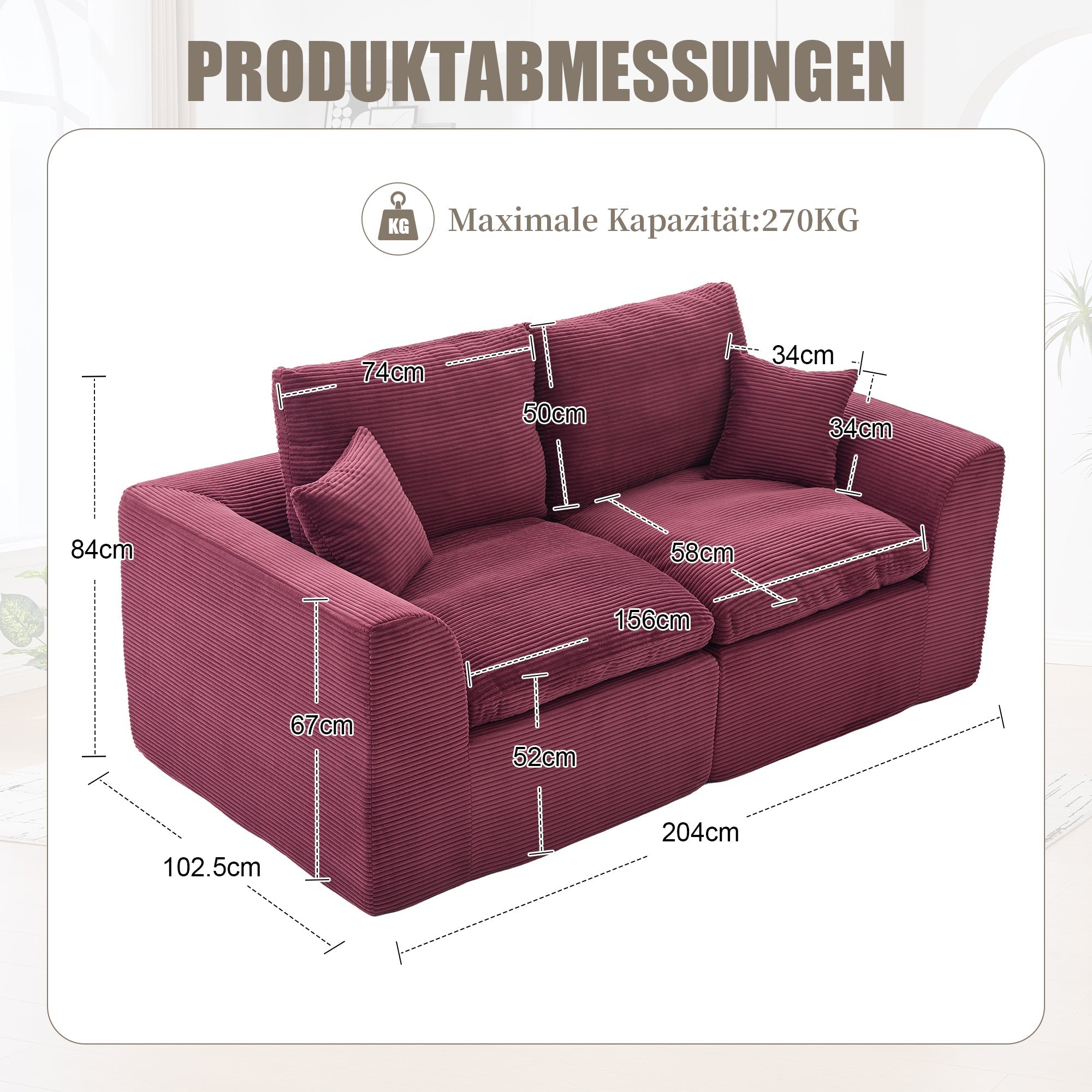 Two-seater Sofa Modern Minimalist Nordic with Cushions - Fabric