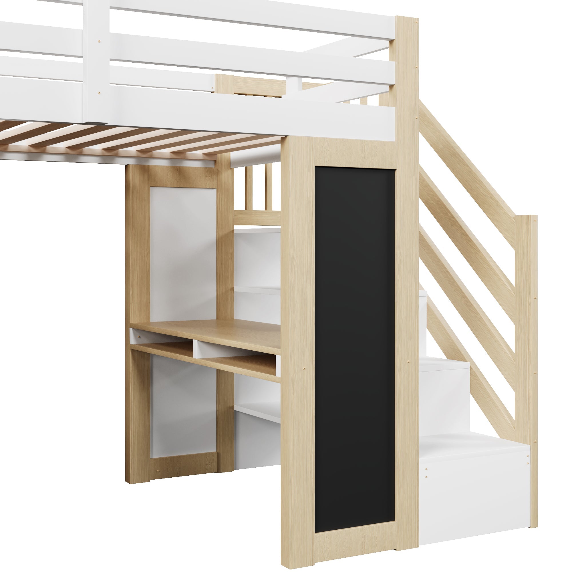 Loft Bed 90x200 with Desk, Wardrobe and LED Lighting, White and Natural