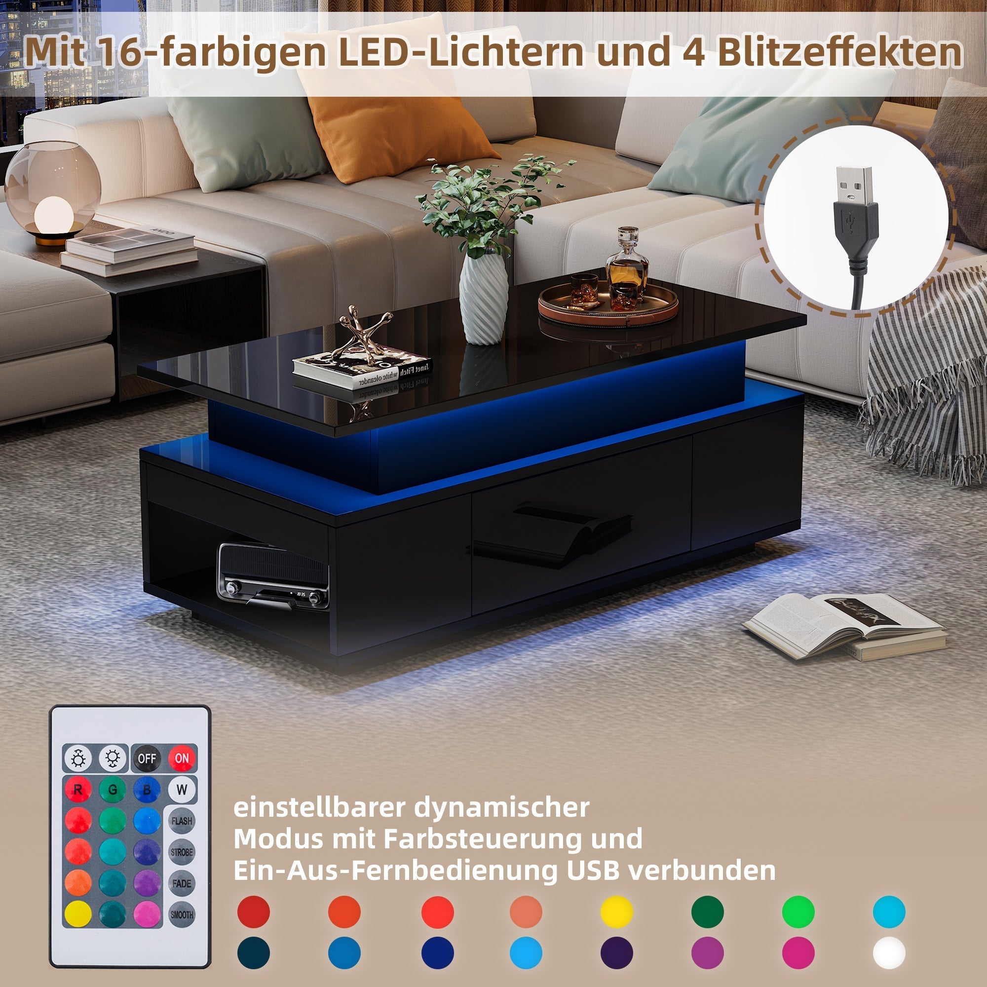 Coffee Table Height-Adjustable Hidden Storage Drawer LED High-Gloss Black
