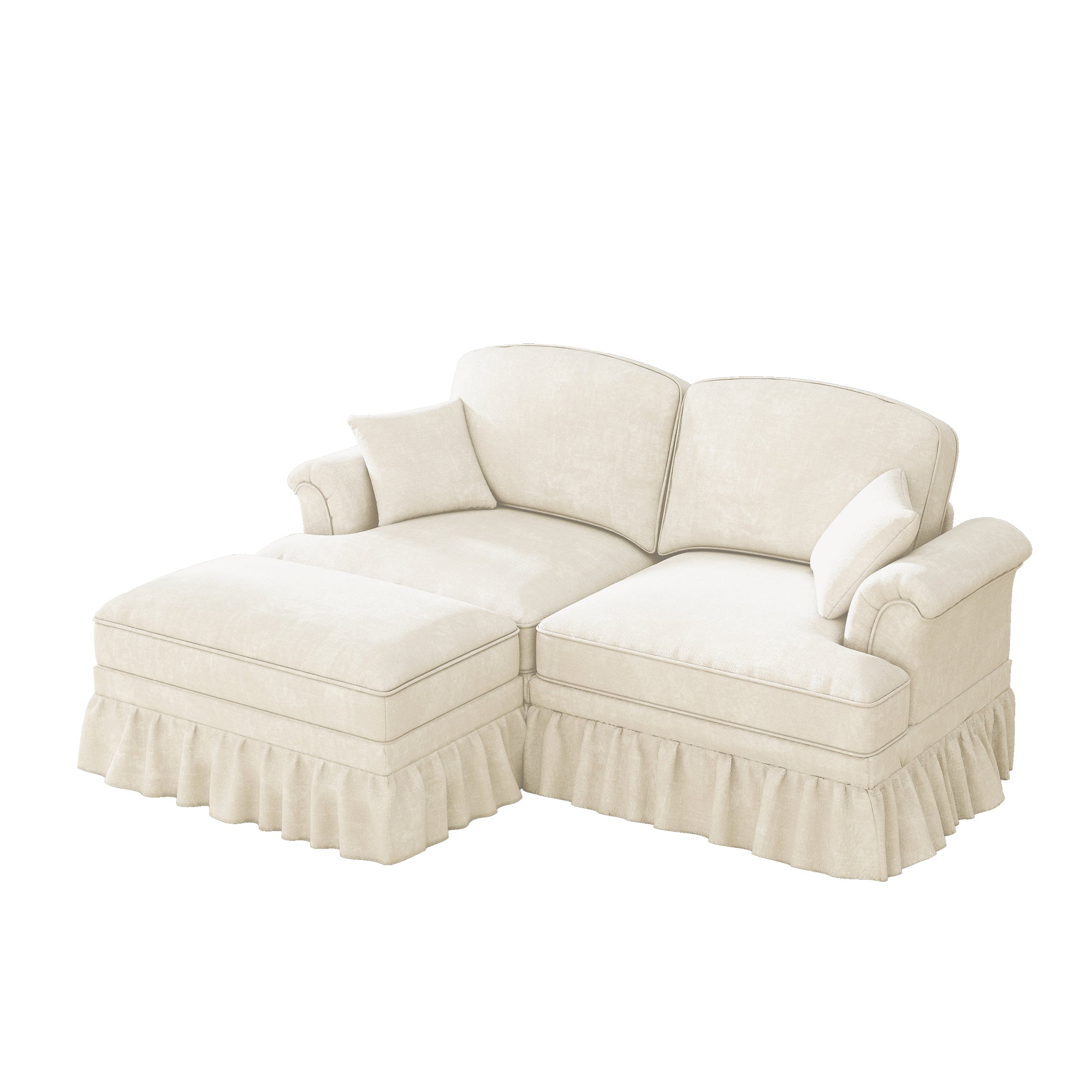 Modular L-Shaped Sofa 2-Seater Mid-Century Ottoman - White Chenille