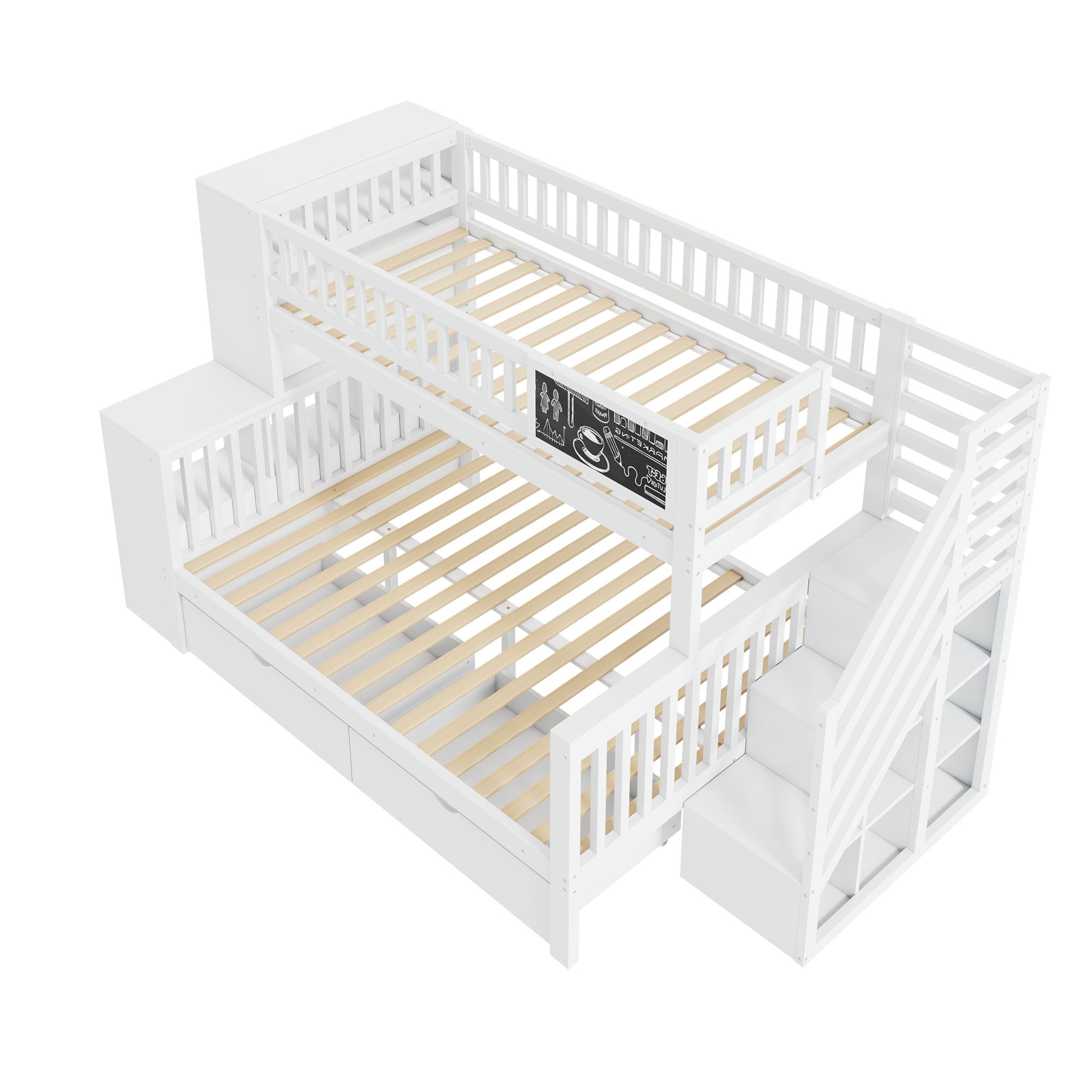 House Bunk Bed Multifunctional Graffiti Board Stairs Storage Drawers 140x200 & 90x200 - White