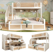 Children's Bunk Bed with Hydraulic Storage and Staircase Wardrobe, 90x200 and 140x200 cm, White and Natural Wood