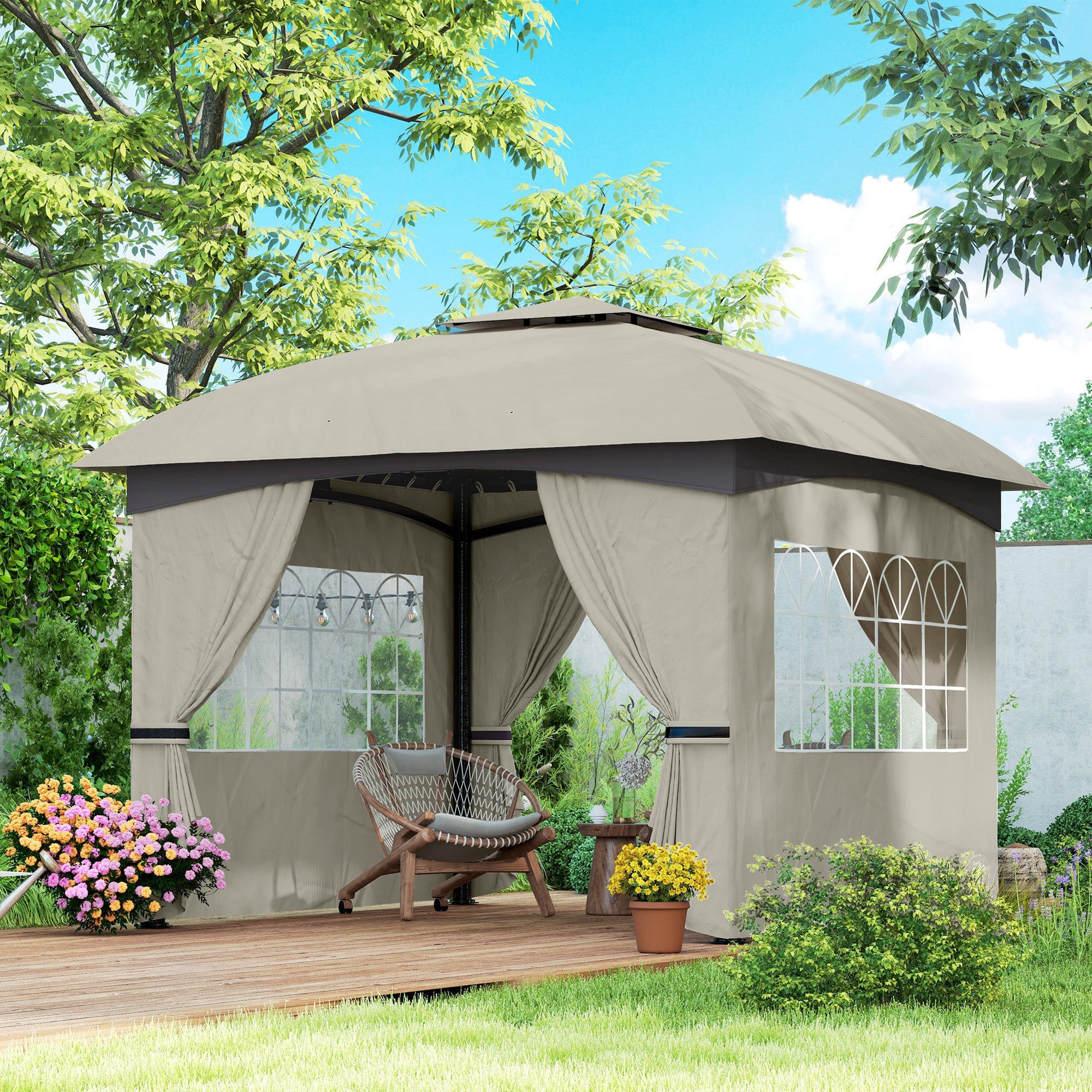 Pavilion 3.4x3.4m Double Roof, 4 Side Panels, Water-Repellent, UV Protection Galvanized Metal Frame, Light Grey