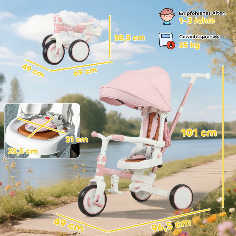 Children's Tricycle, 5-in-1 Convertible Buggy with Removable Handle and Safety Belt, Pink