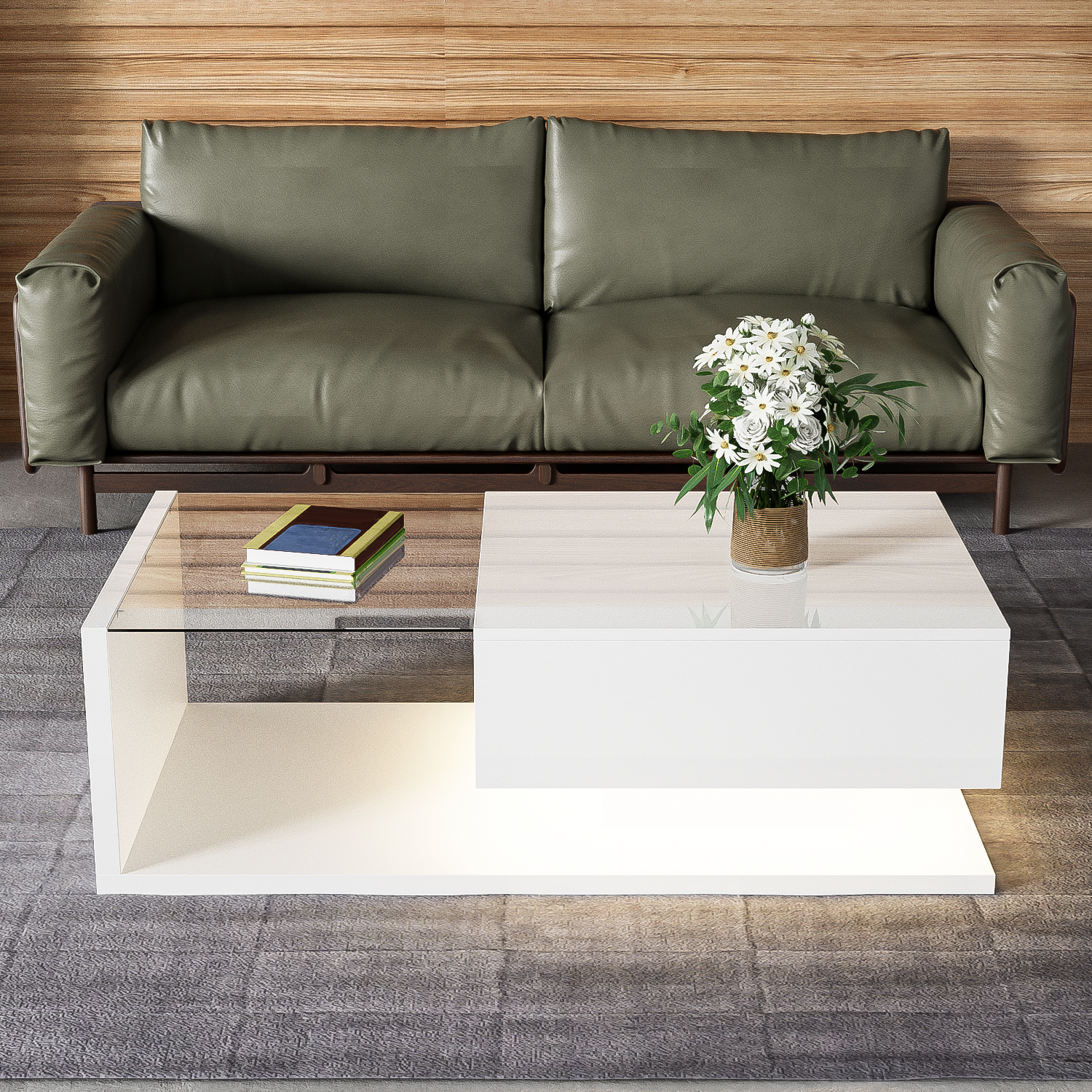 Coffee table, high-gloss white
  Side table, coffee table, with glass and LED effect